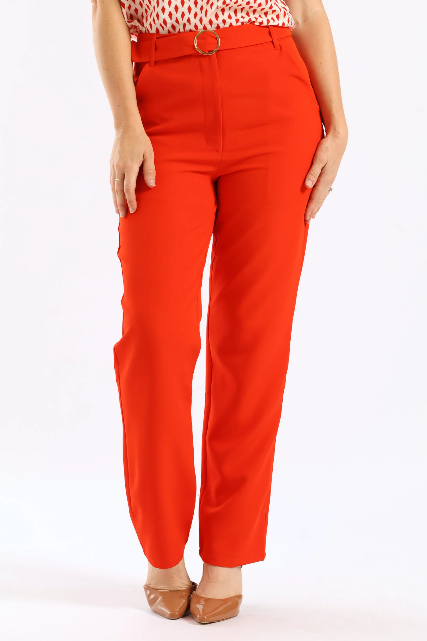 Buckle Belted Tapered Leg Pant - Red - Image 2