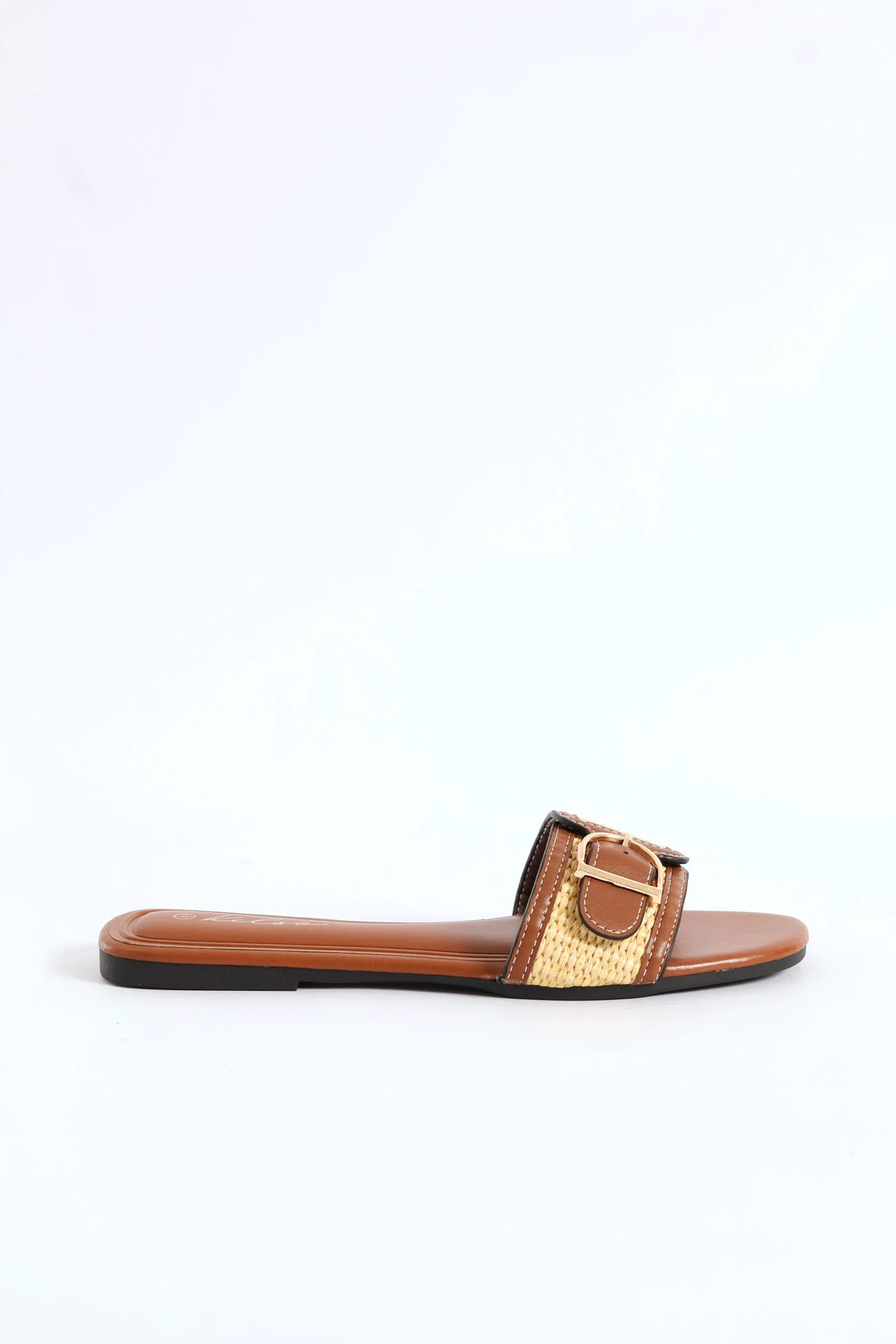 Buckle Detail Single Band Raffia Upper Sandal - Tan - Image 2
