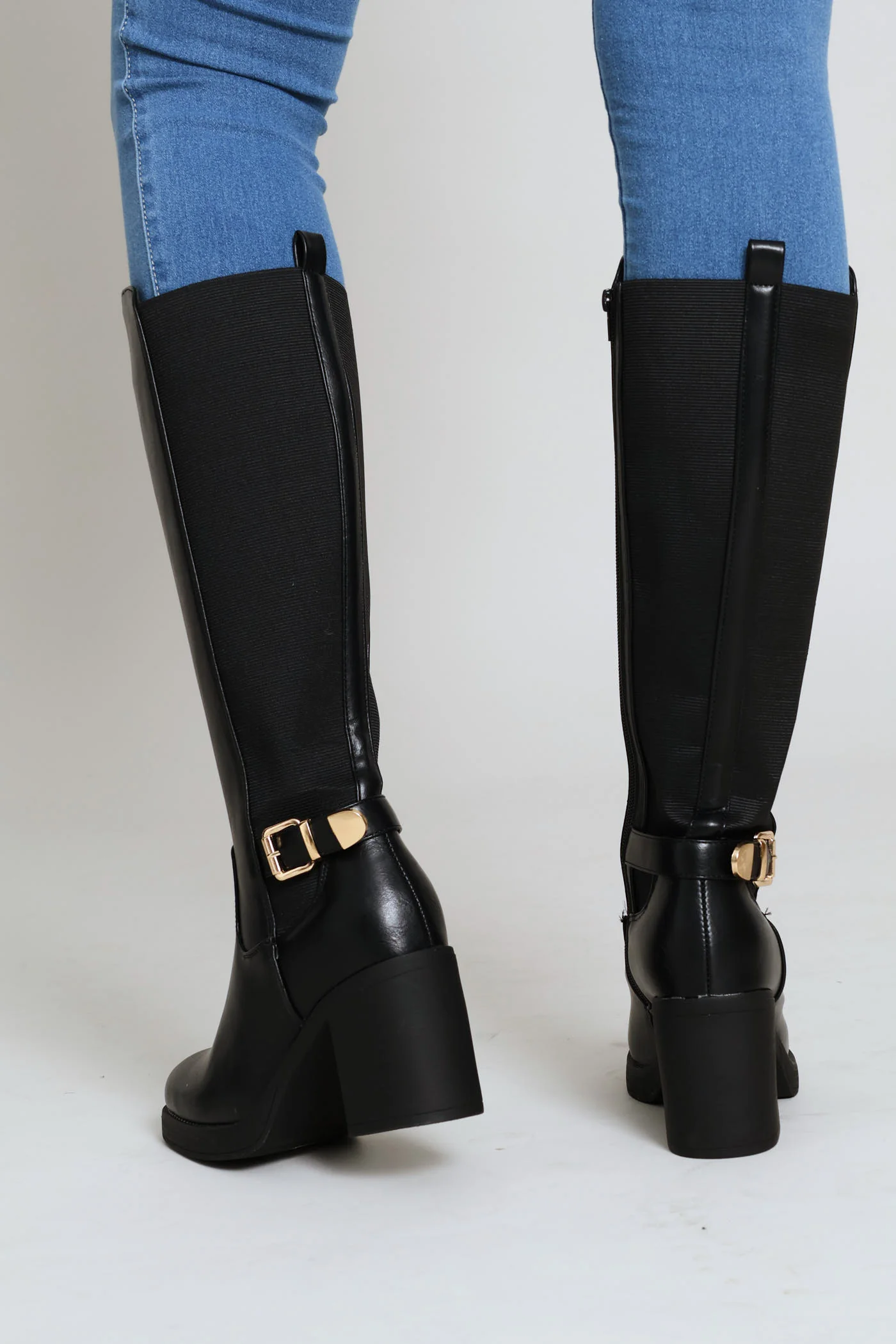 Buckle Trim Heel Insert Long Boot - Black - Image 3