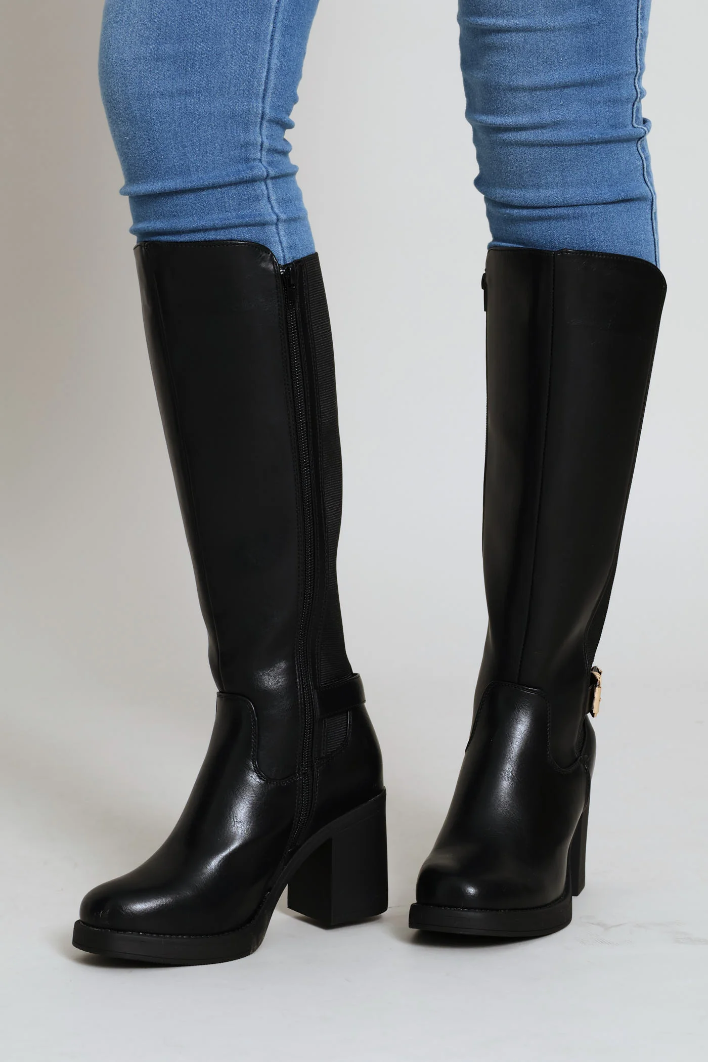Buckle Trim Heel Insert Long Boot - Black - Image 5