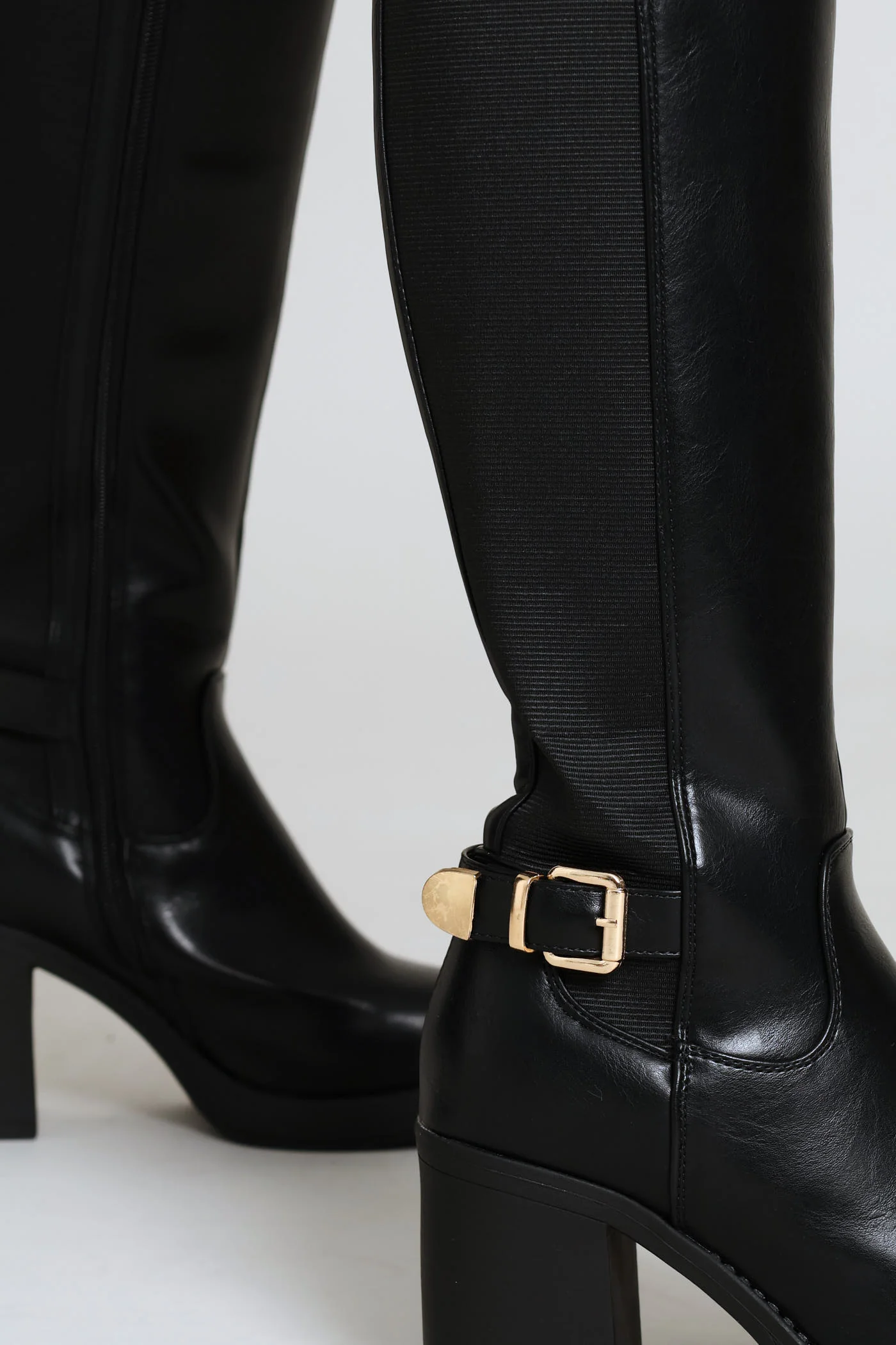 Buckle Trim Heel Insert Long Boot - Black - Image 6