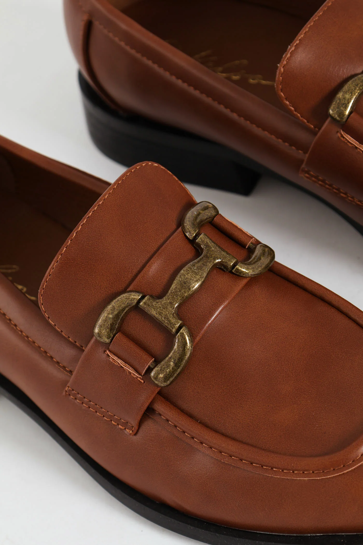 Burnished PU Loafer With Brass Trim - Brown - Image 2
