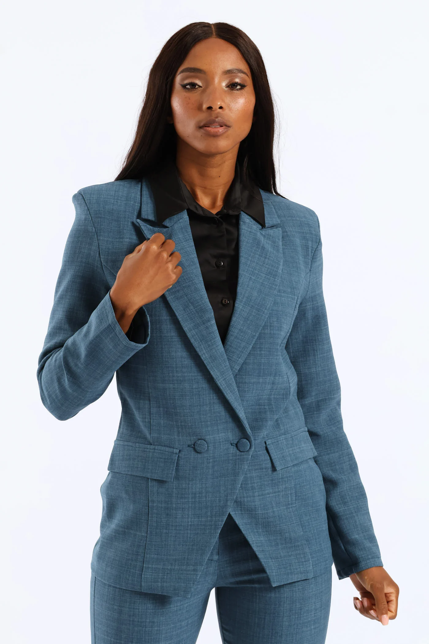 Button Detail Linen Blend Blazer - Teal - Image 2