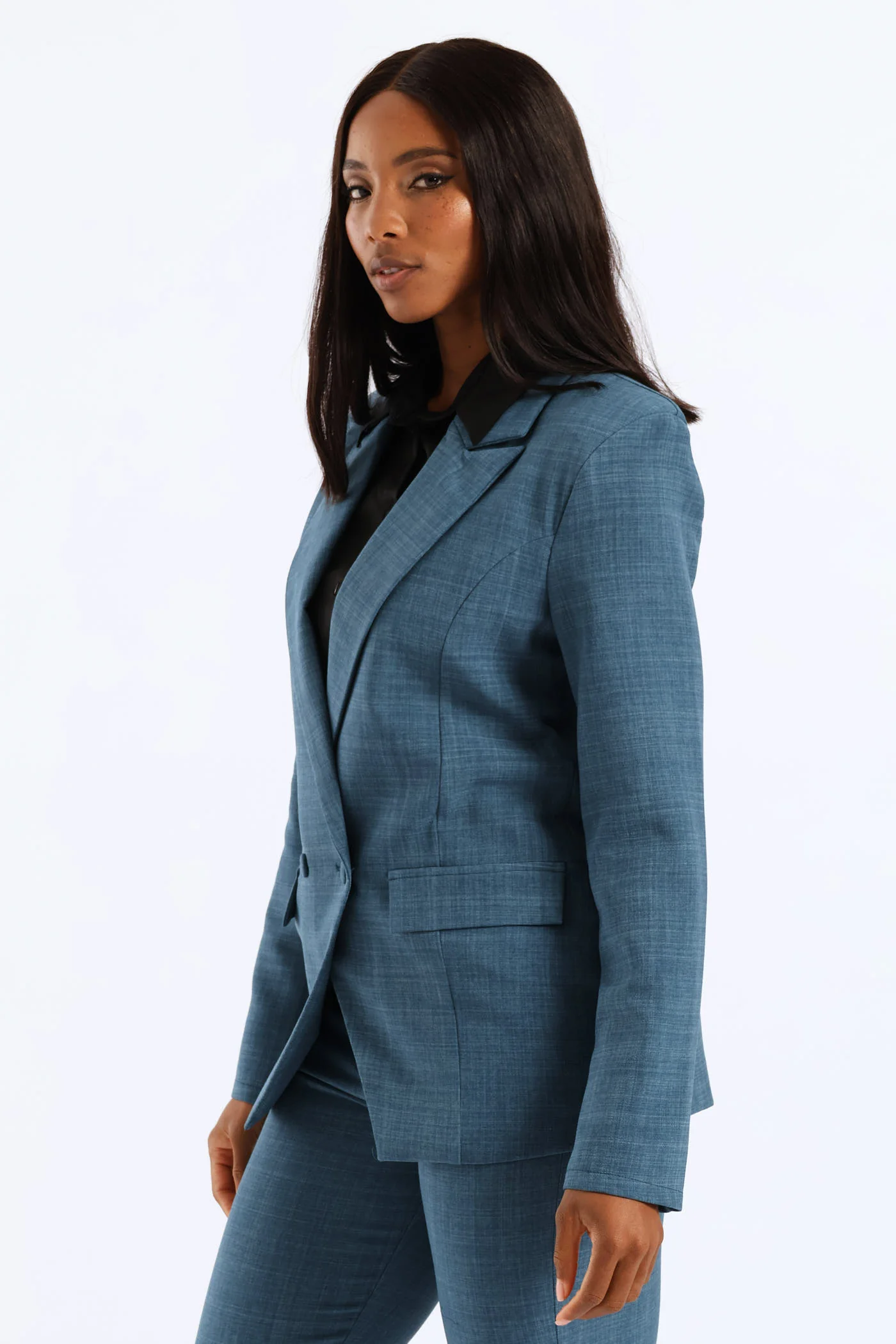 Button Detail Linen Blend Blazer - Teal - Image 5