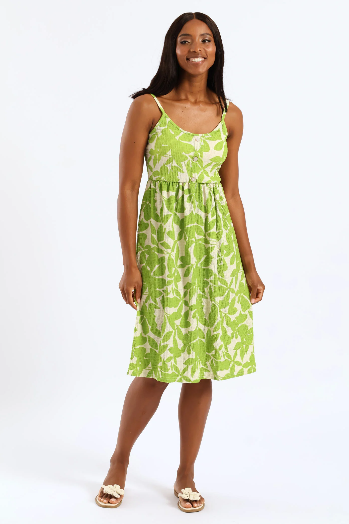 Button Detail Print Strappy Sundress - Light Chartreuse - Image 5
