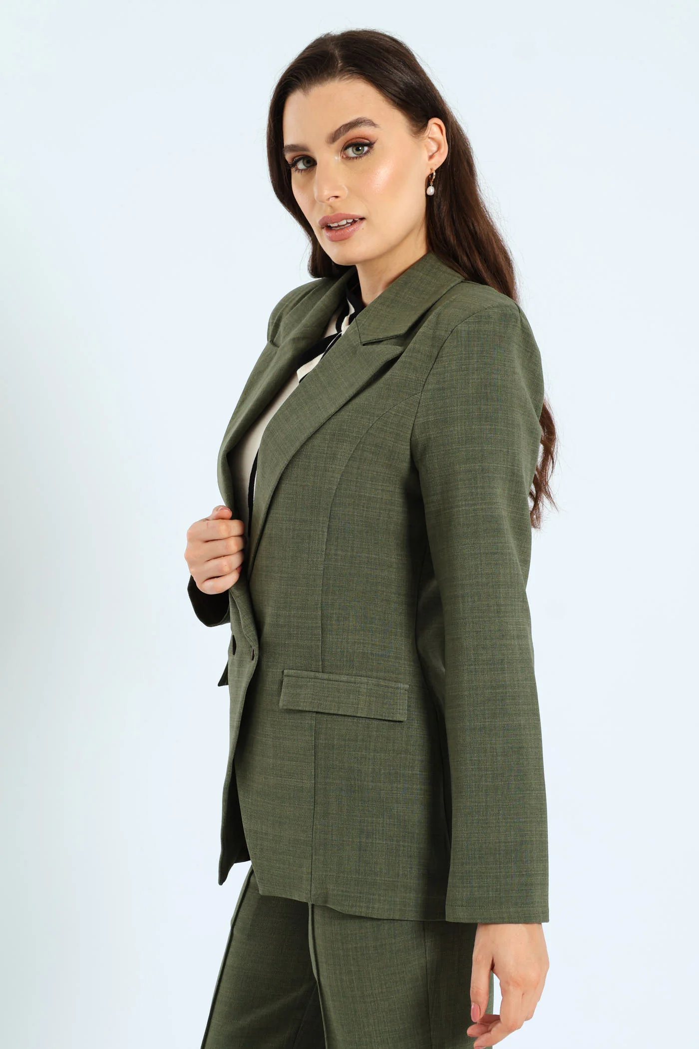 Button Linen Blend Blazer - Olive - Image 3