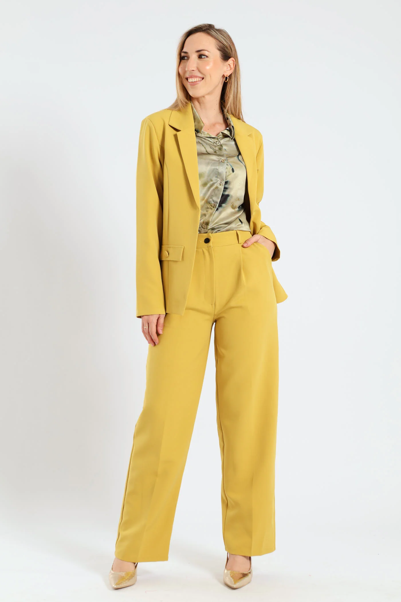 Button Pocket Notch Hem Blazer - Mustard - Image 2