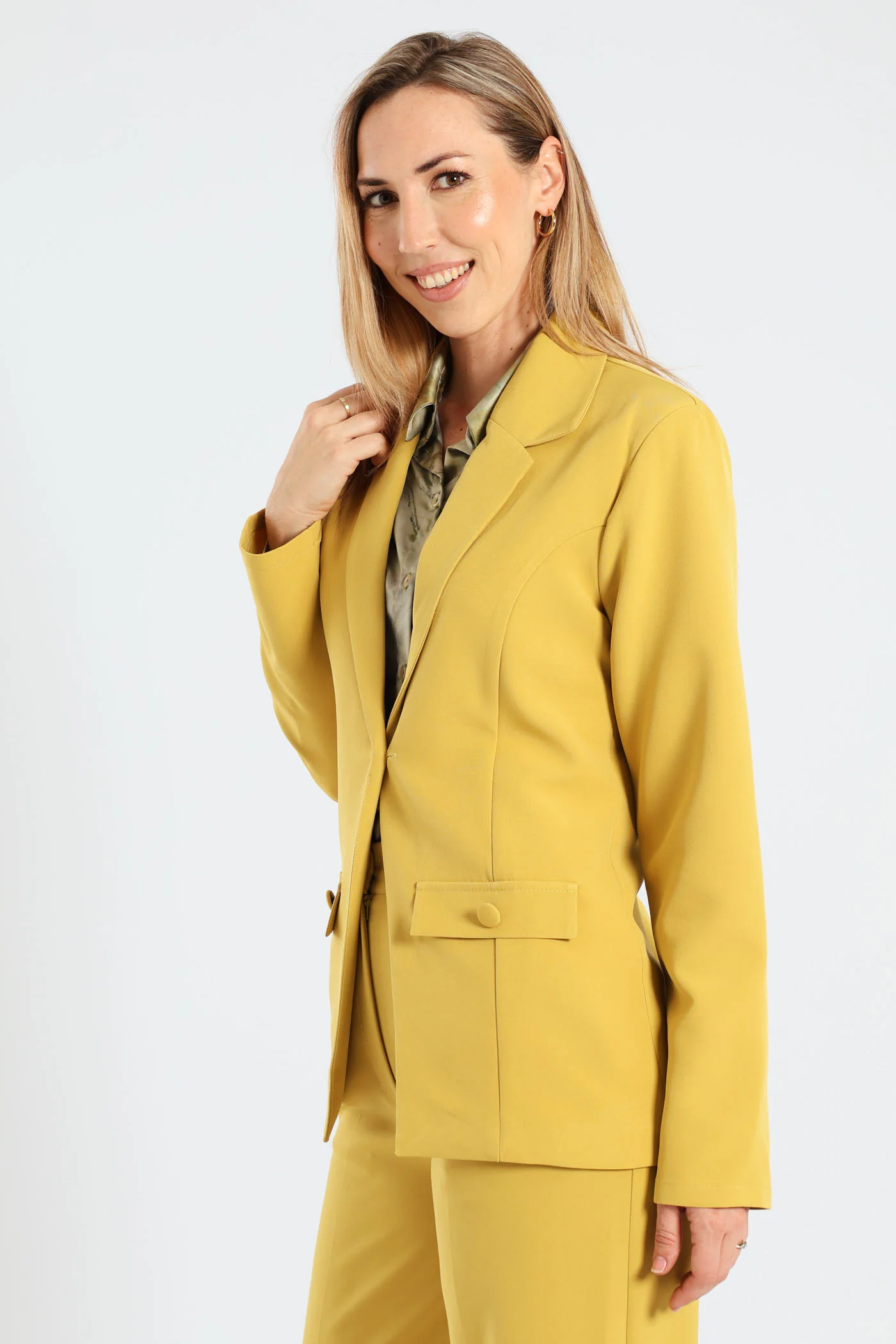 Button Pocket Notch Hem Blazer - Mustard - Image 3