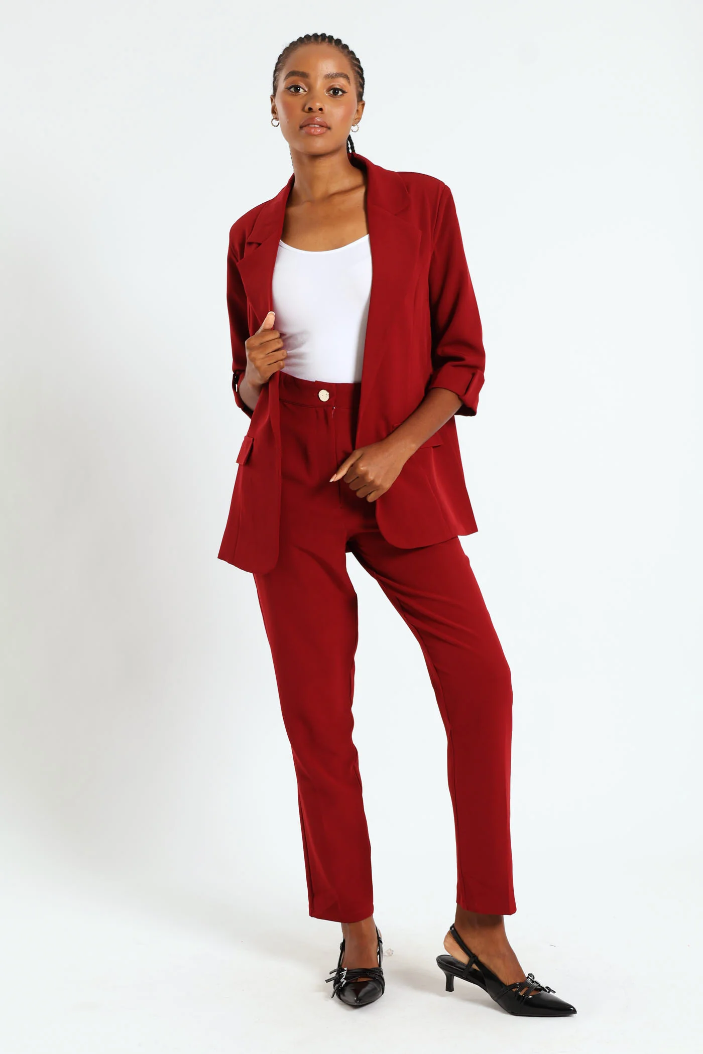 Button Slim Leg Pants - Wine - Image 3