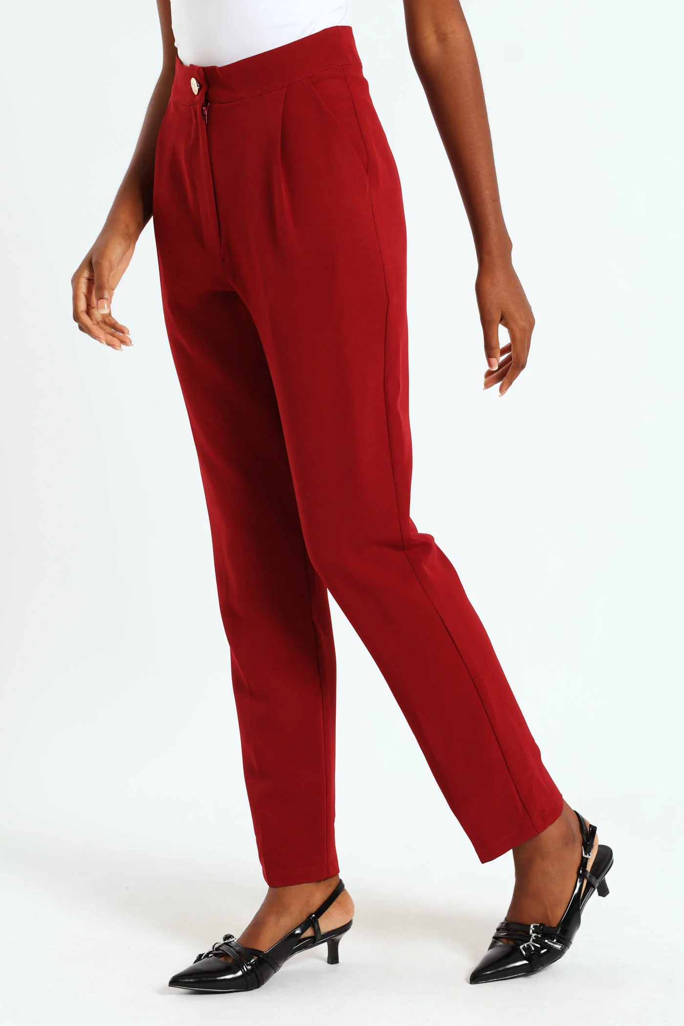 Button Slim Leg Pants - Wine - Image 4