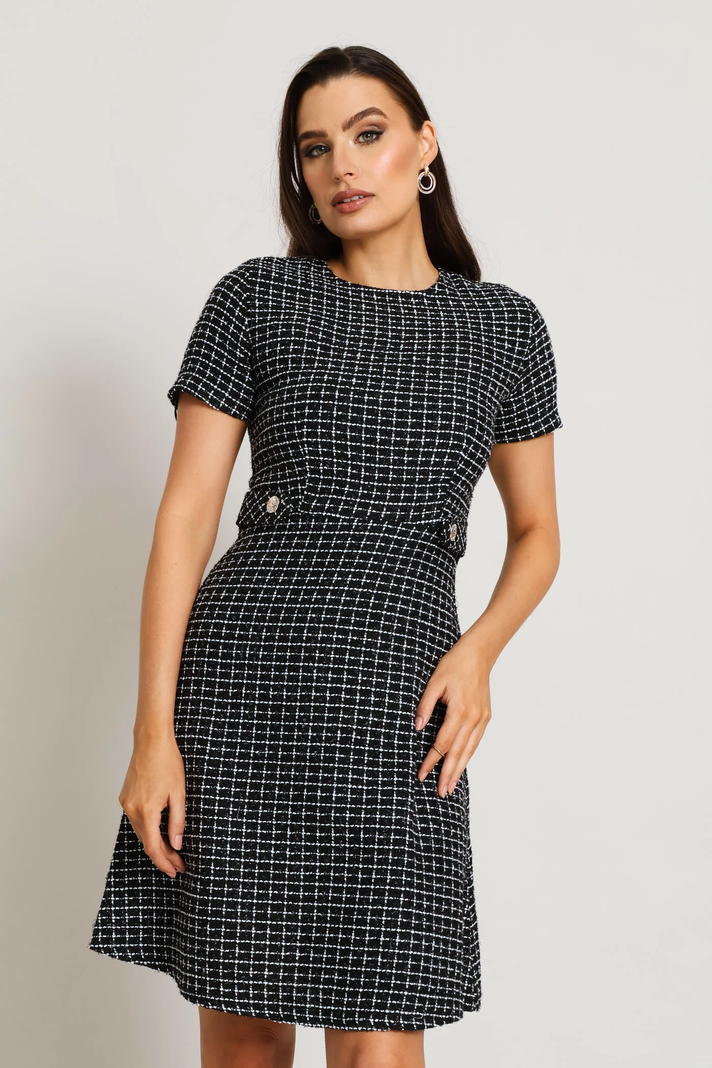 Button Tab Flared Tweed Dress - Black - Image 2