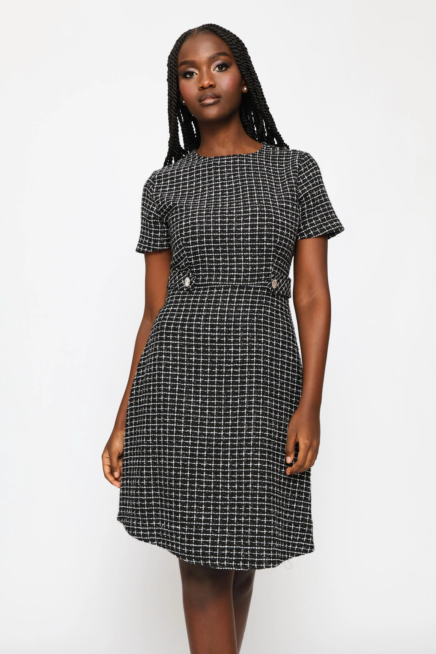 Button Tab Flared Tweed Dress - Black - Image 3
