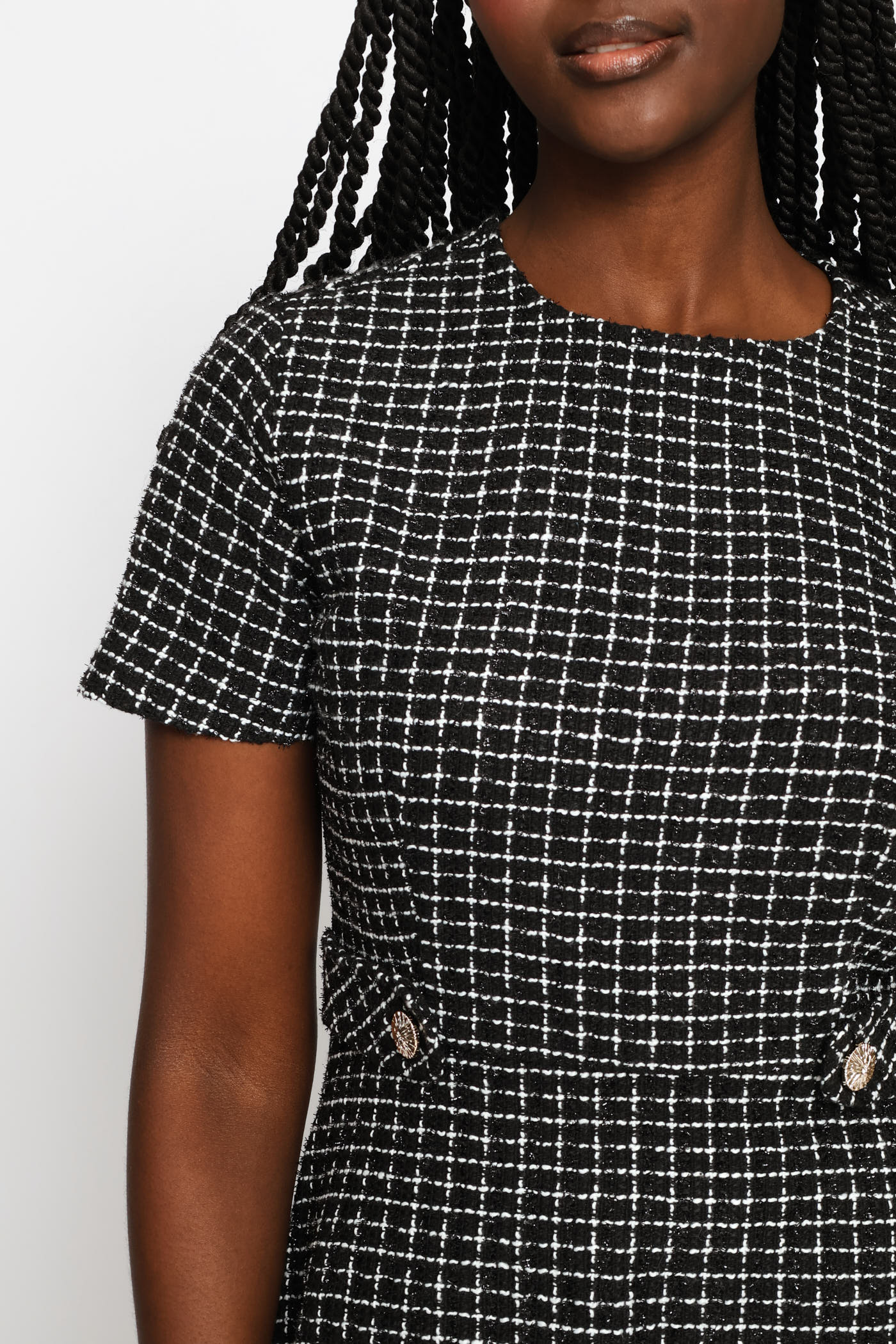 Button Tab Flared Tweed Dress - Black - Image 4