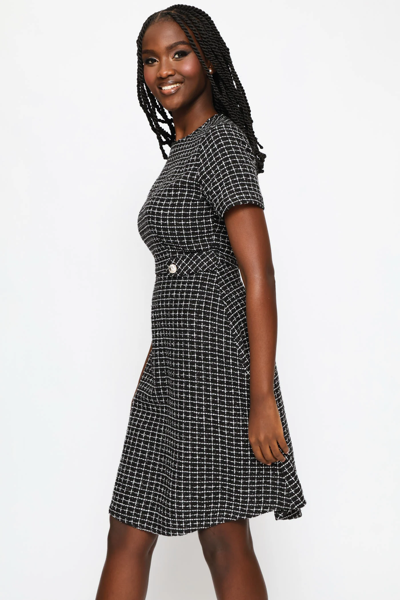 Button Tab Flared Tweed Dress - Black - Image 5