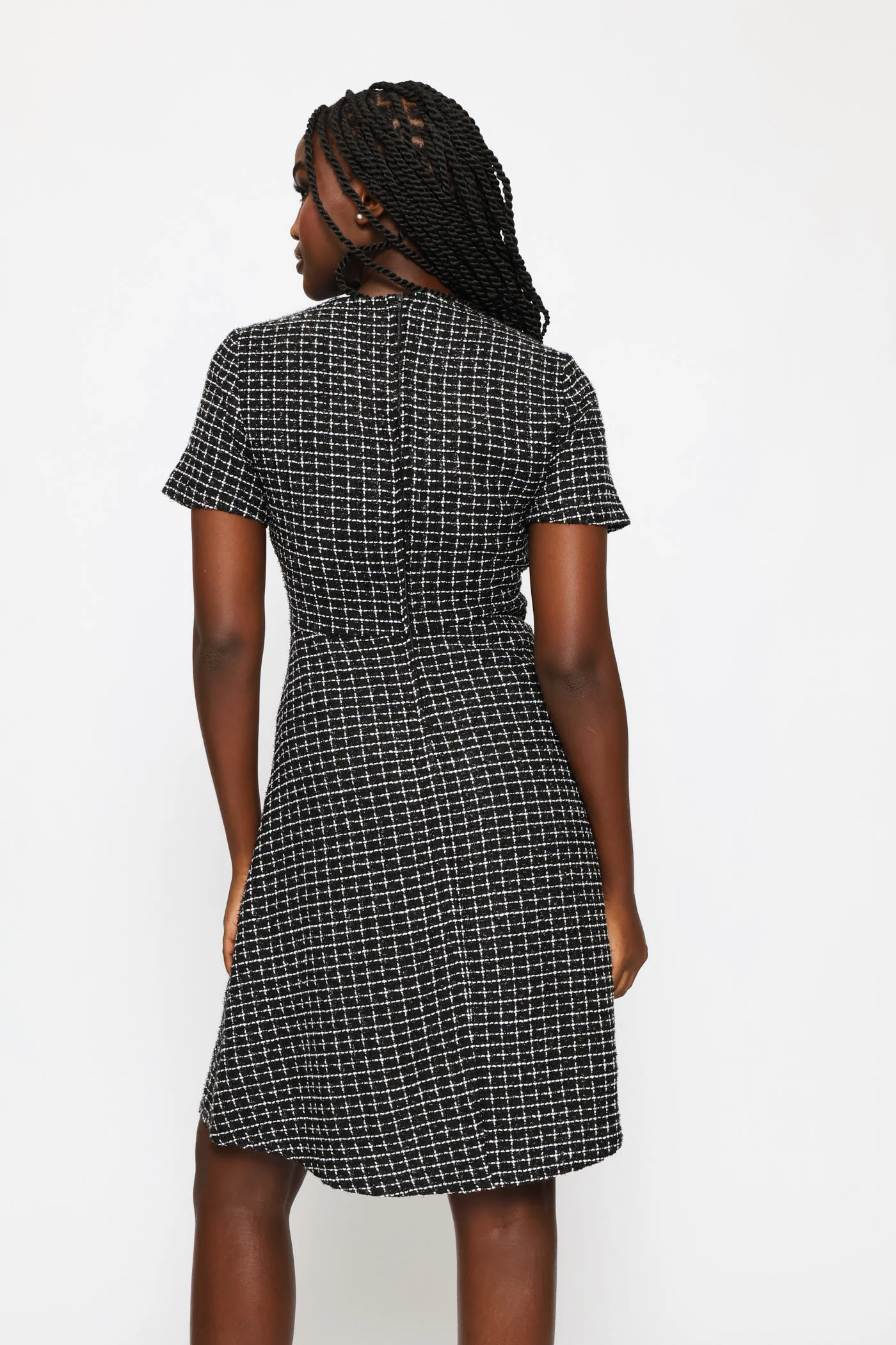 Button Tab Flared Tweed Dress - Black - Image 7