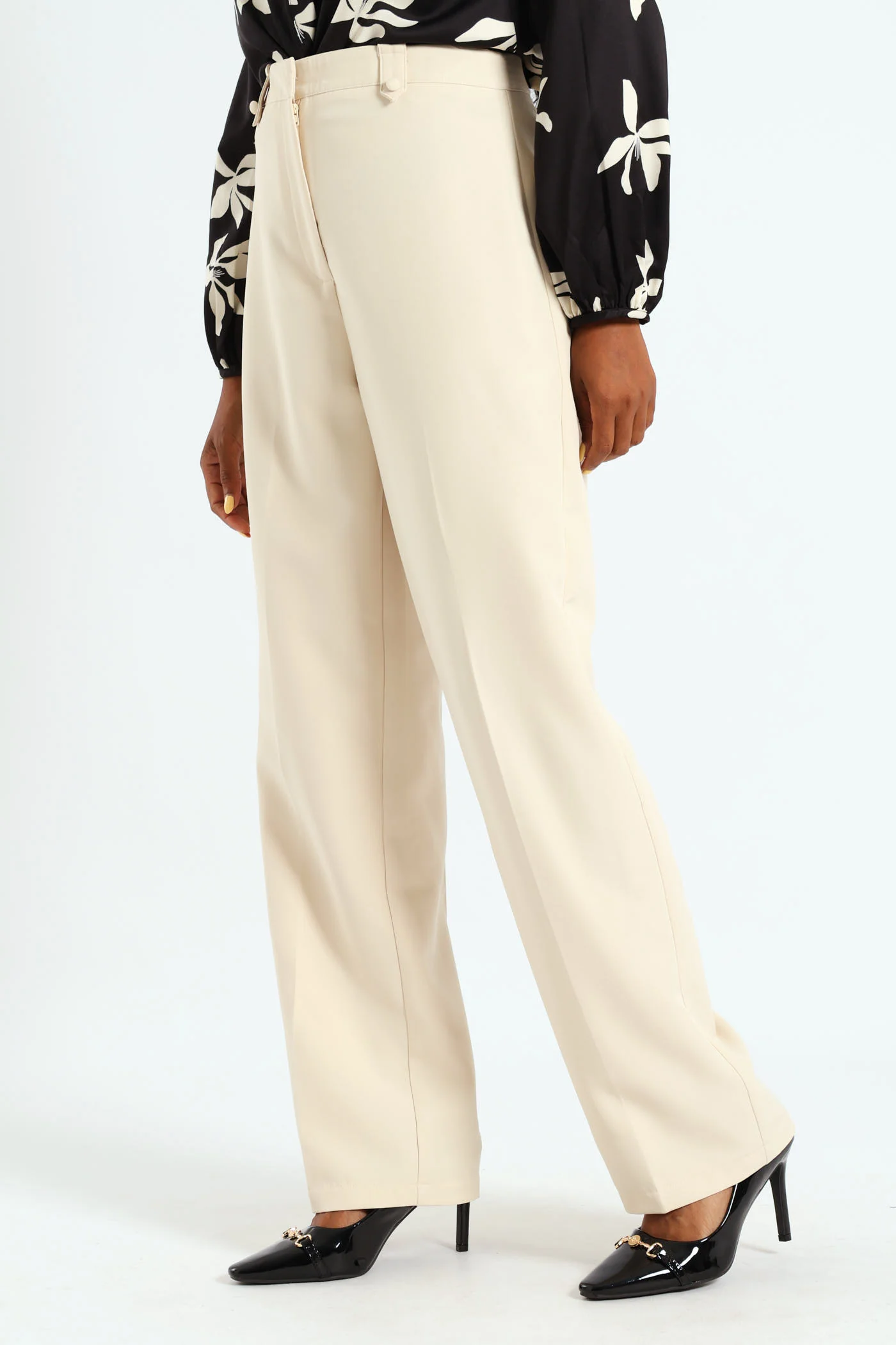 Button Tab Straight Leg Pants - Cream - Image 2