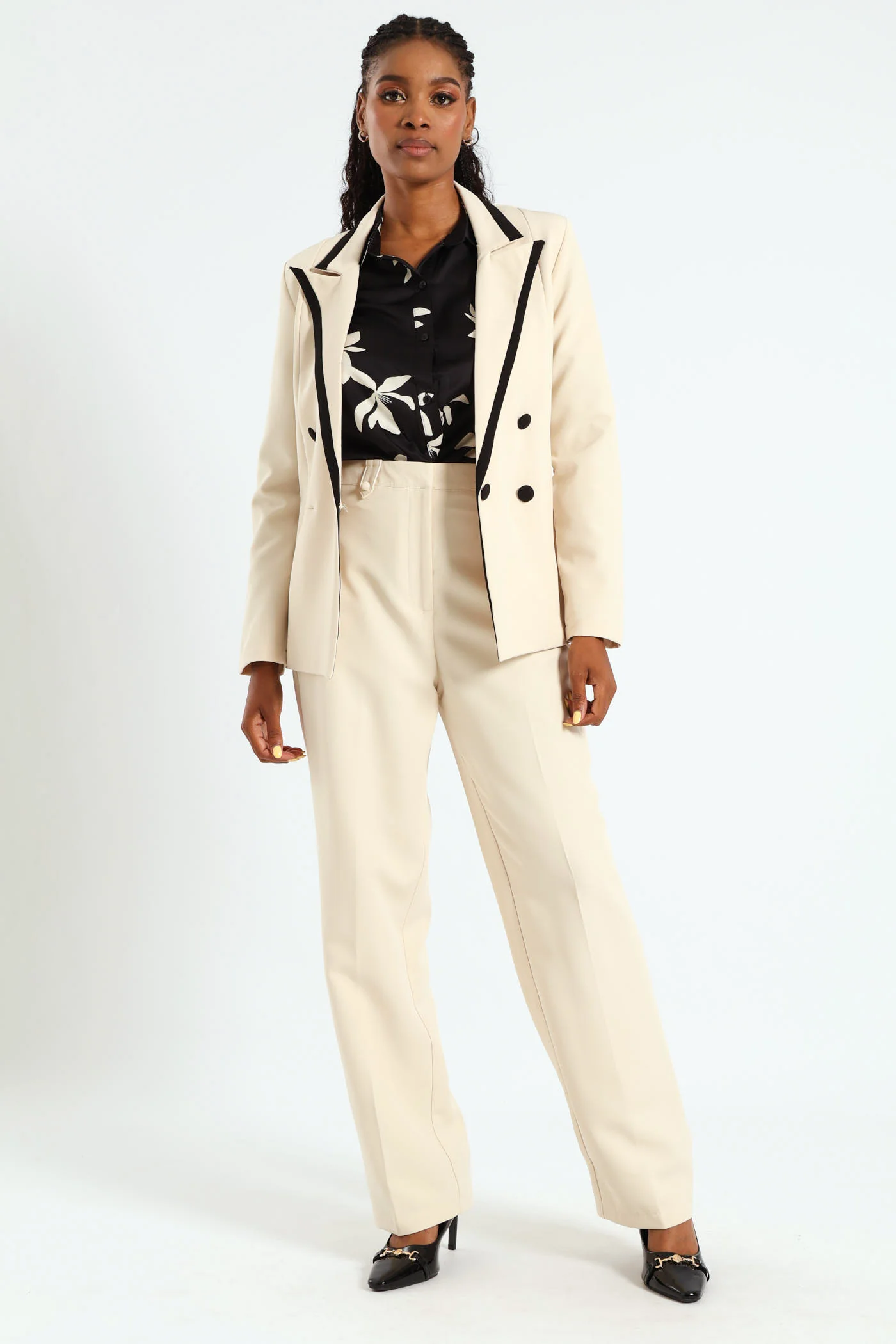 Button Tab Straight Leg Pants - Cream - Image 4