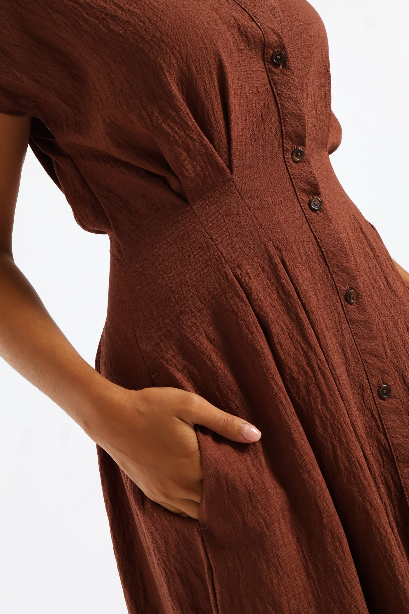 Button Thorugh Pleated Bodice Midaxi Dress - Chocolate - Image 3