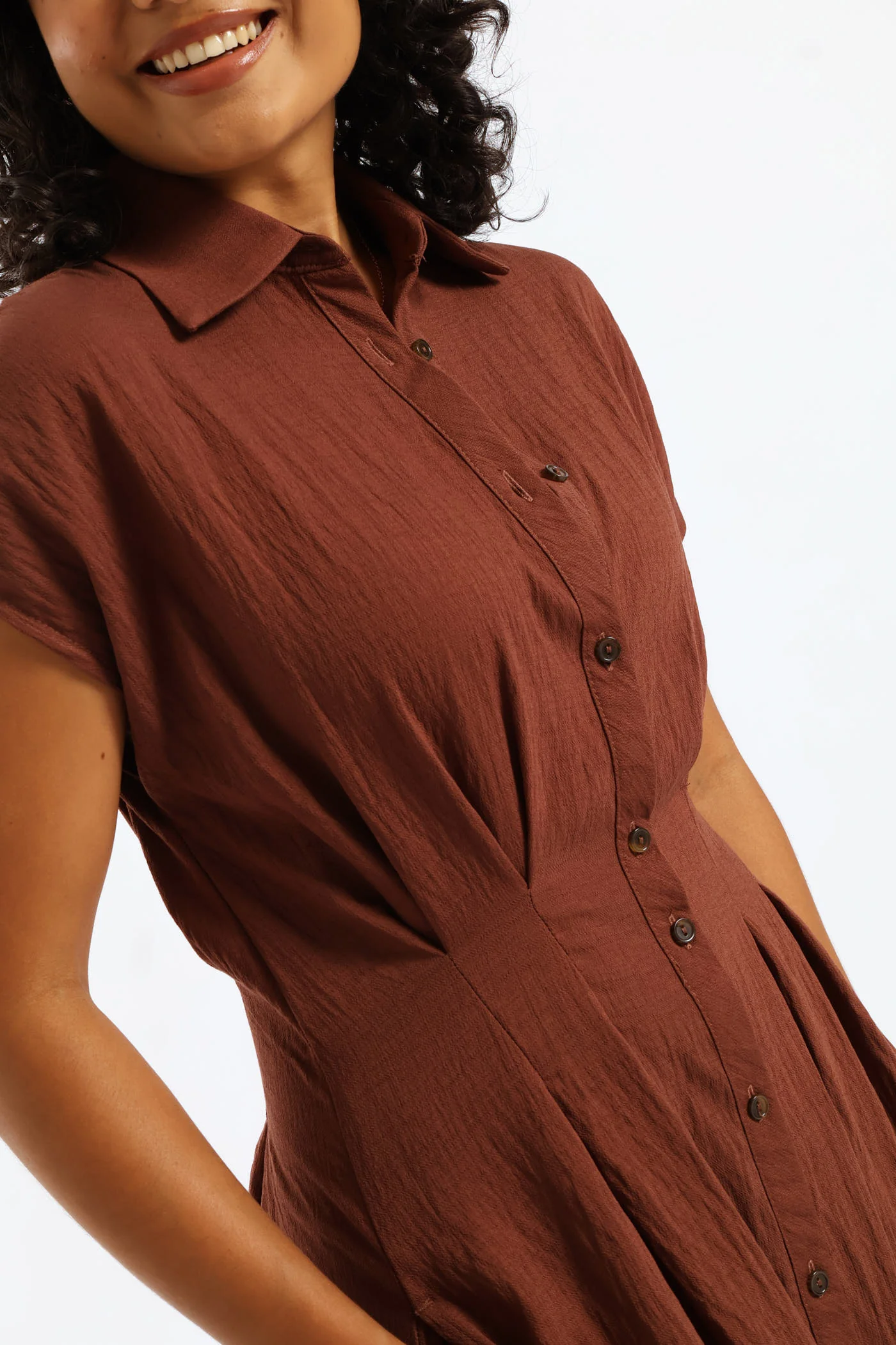 Button Thorugh Pleated Bodice Midaxi Dress - Chocolate - Image 4