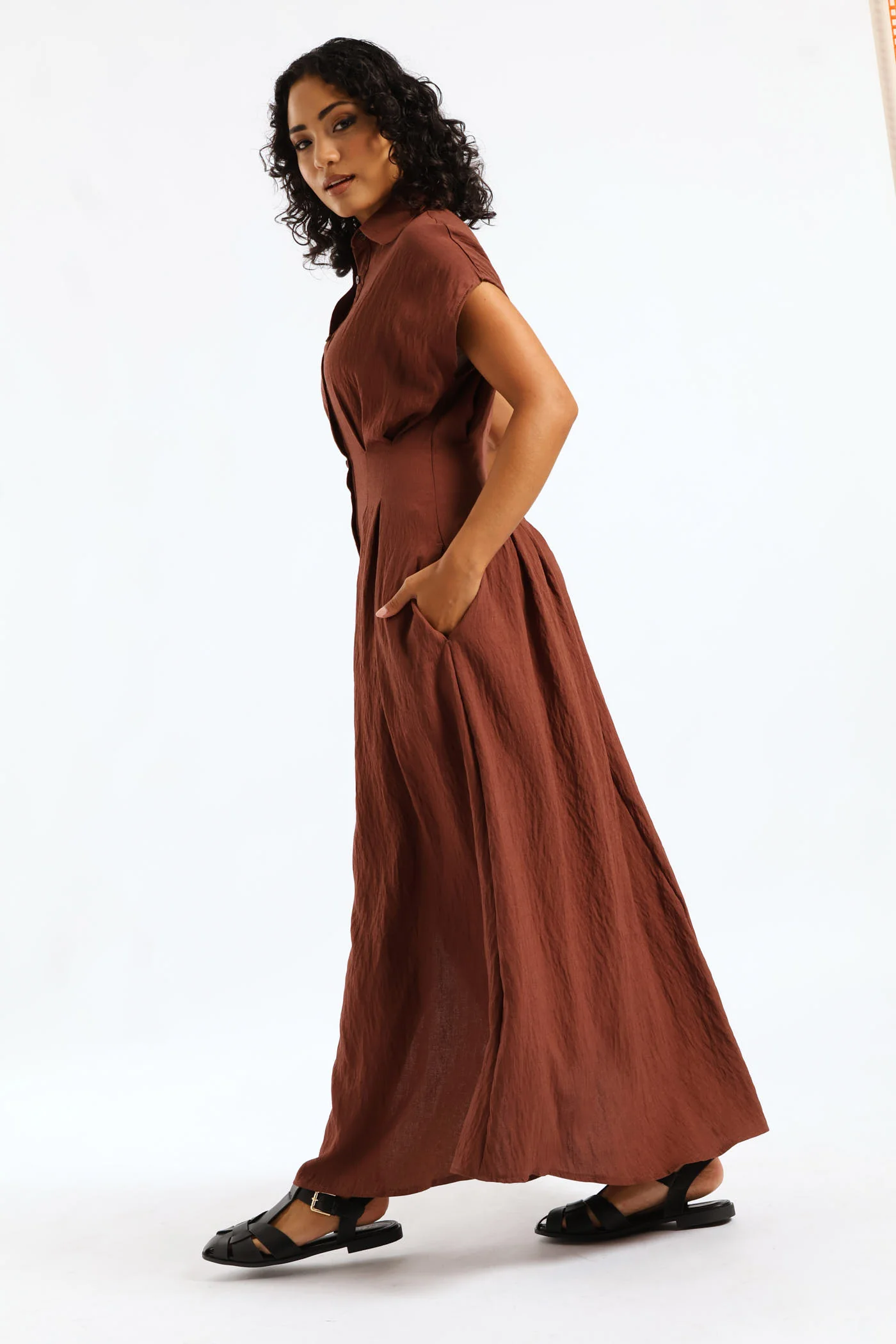 Button Thorugh Pleated Bodice Midaxi Dress - Chocolate - Image 5