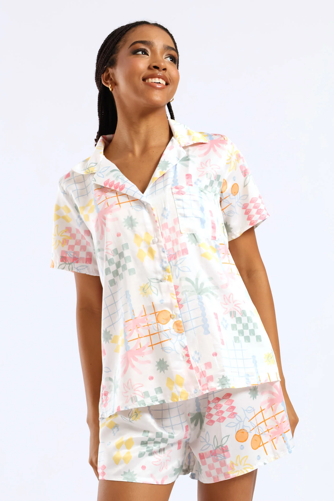 Button Through & Satin Short Set - Multi - Image 2