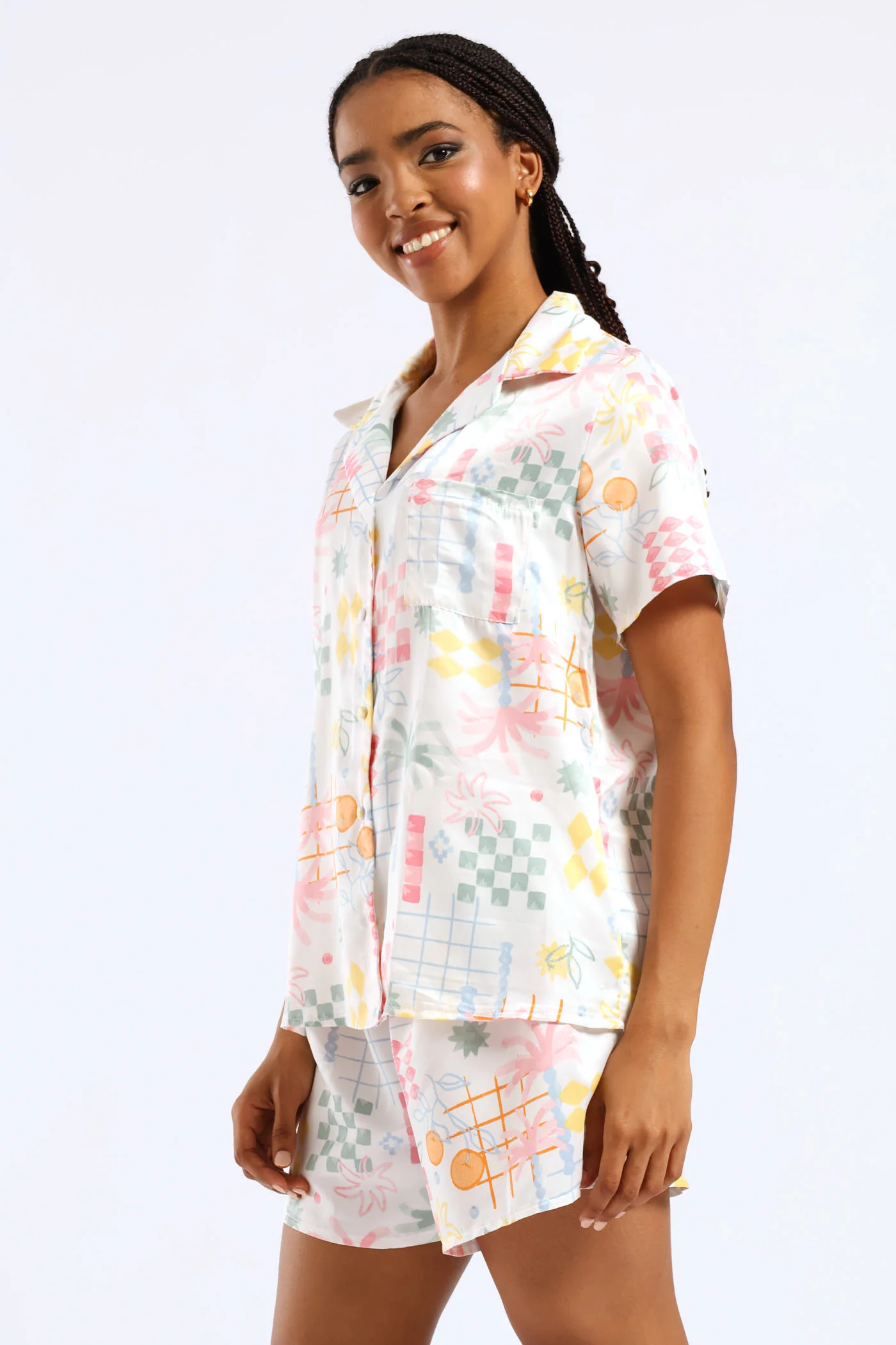 Button Through & Satin Short Set - Multi - Image 3