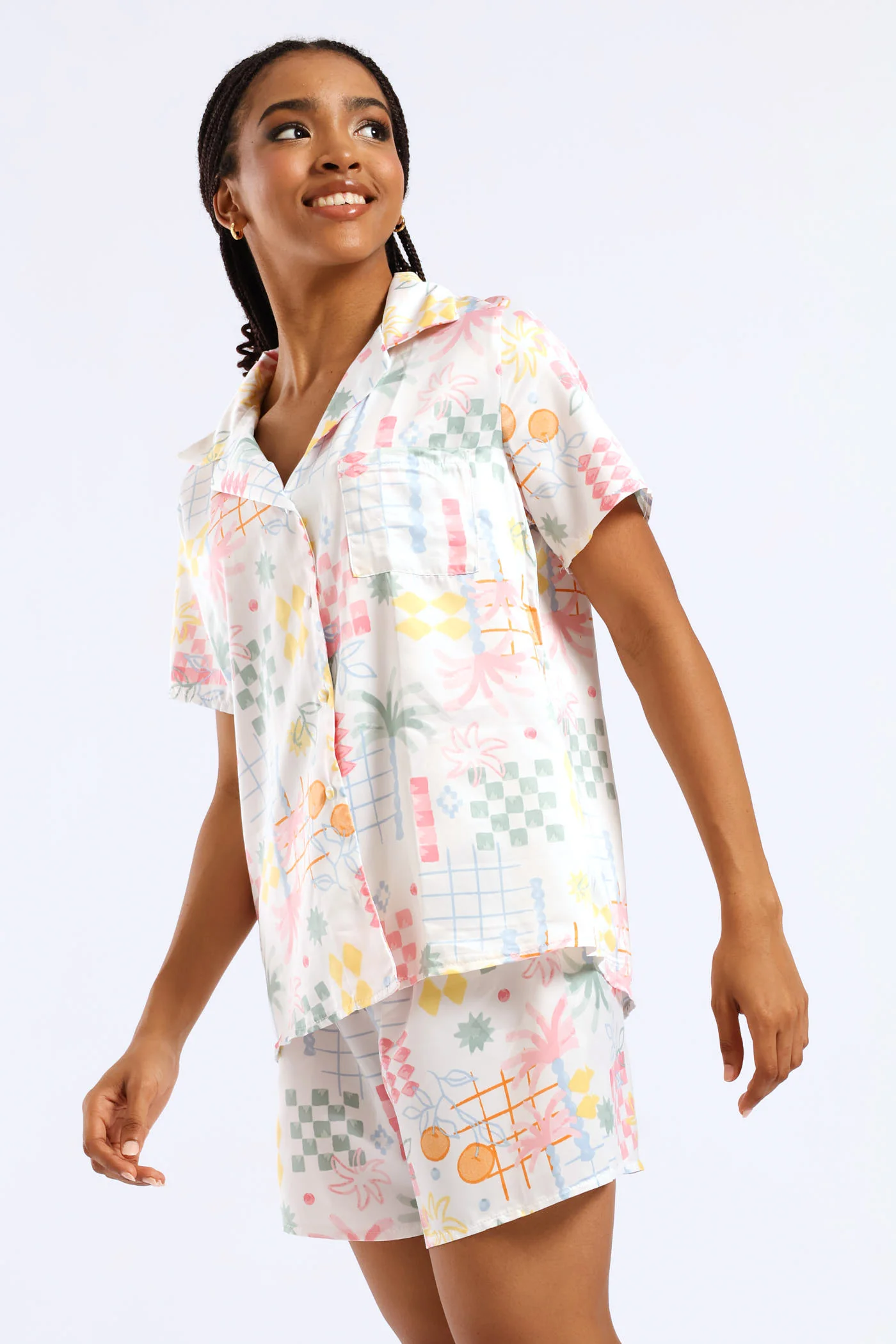 Button Through & Satin Short Set - Multi - Image 4