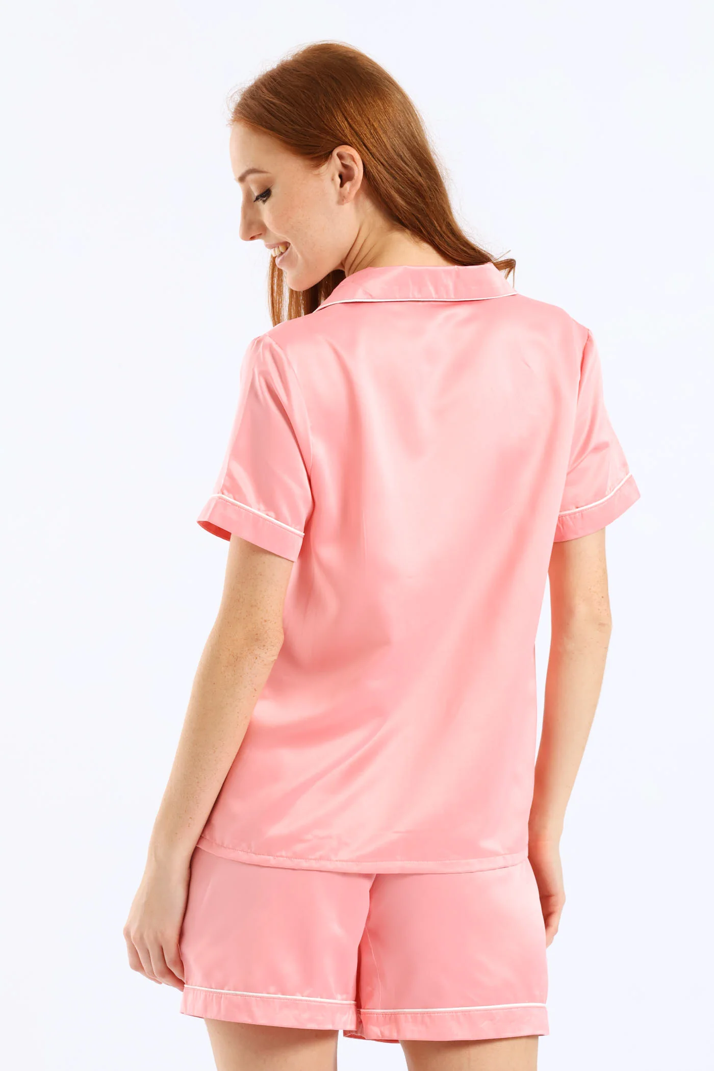 Button Through & Satin Short Set - Salmon - Image 3