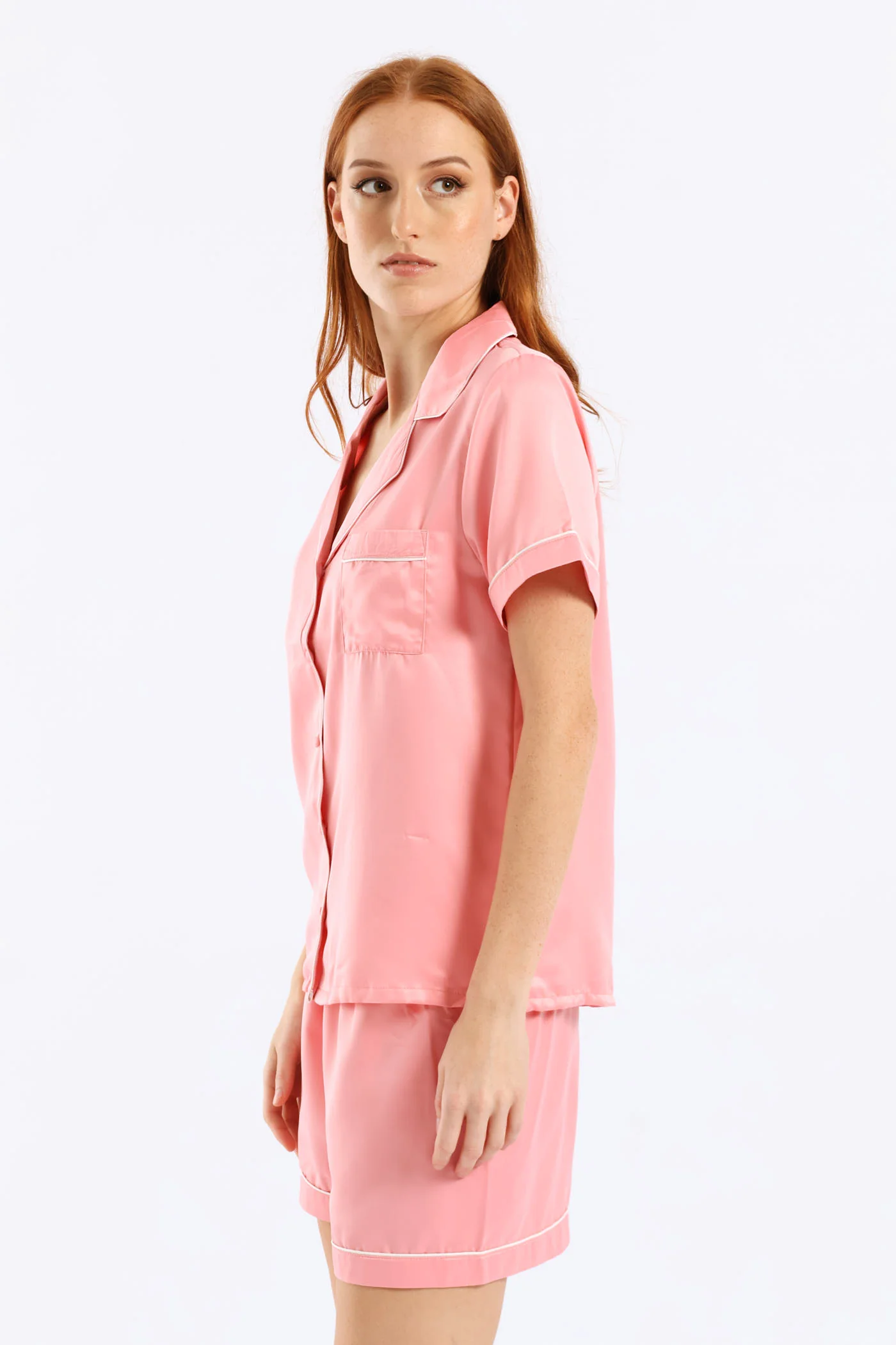 Button Through & Satin Short Set - Salmon - Image 4