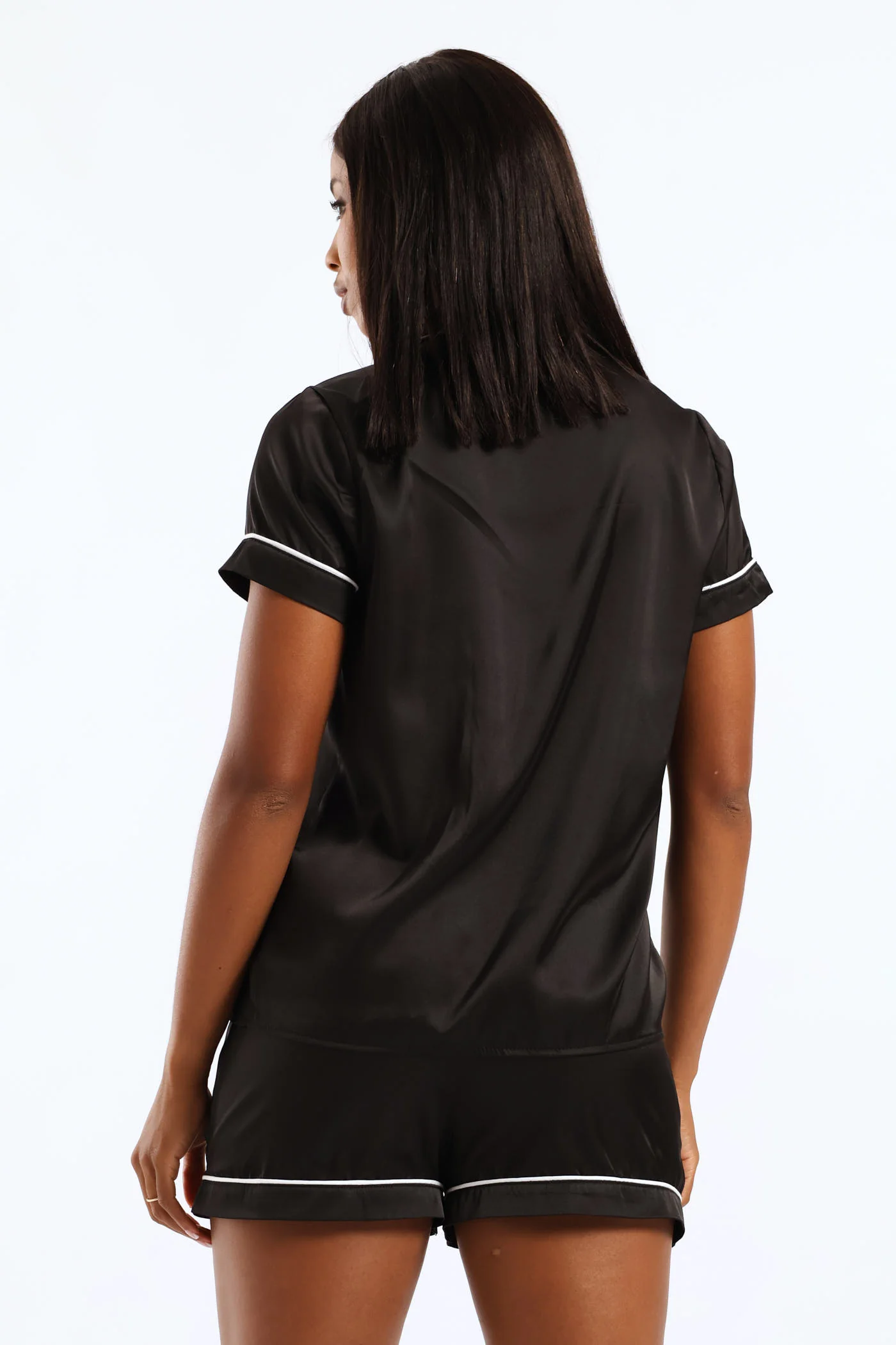 Button Through & Short Satin Set - Black - Image 4