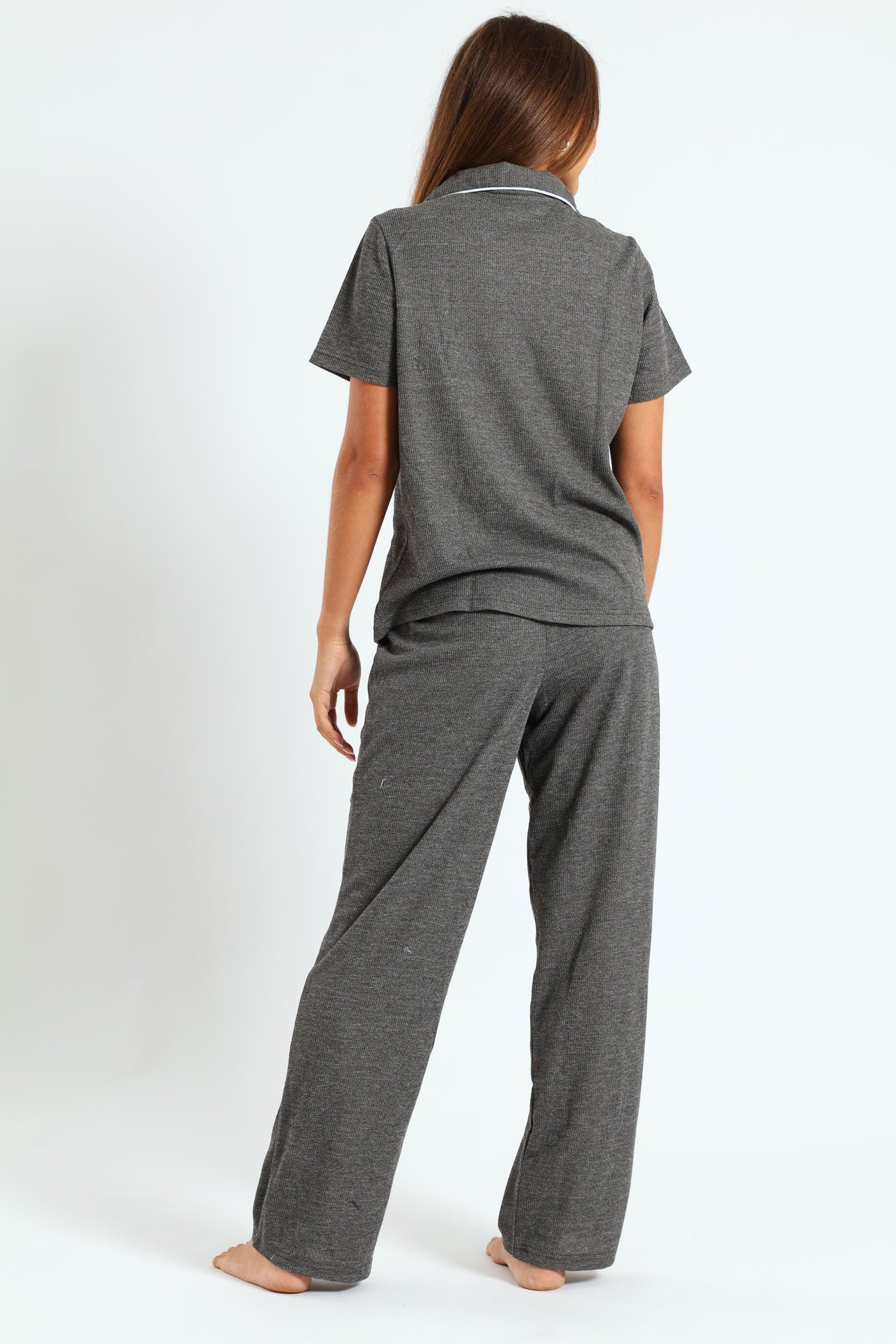 Button Through & Waffle Pant Set - Charcoal - Image 2