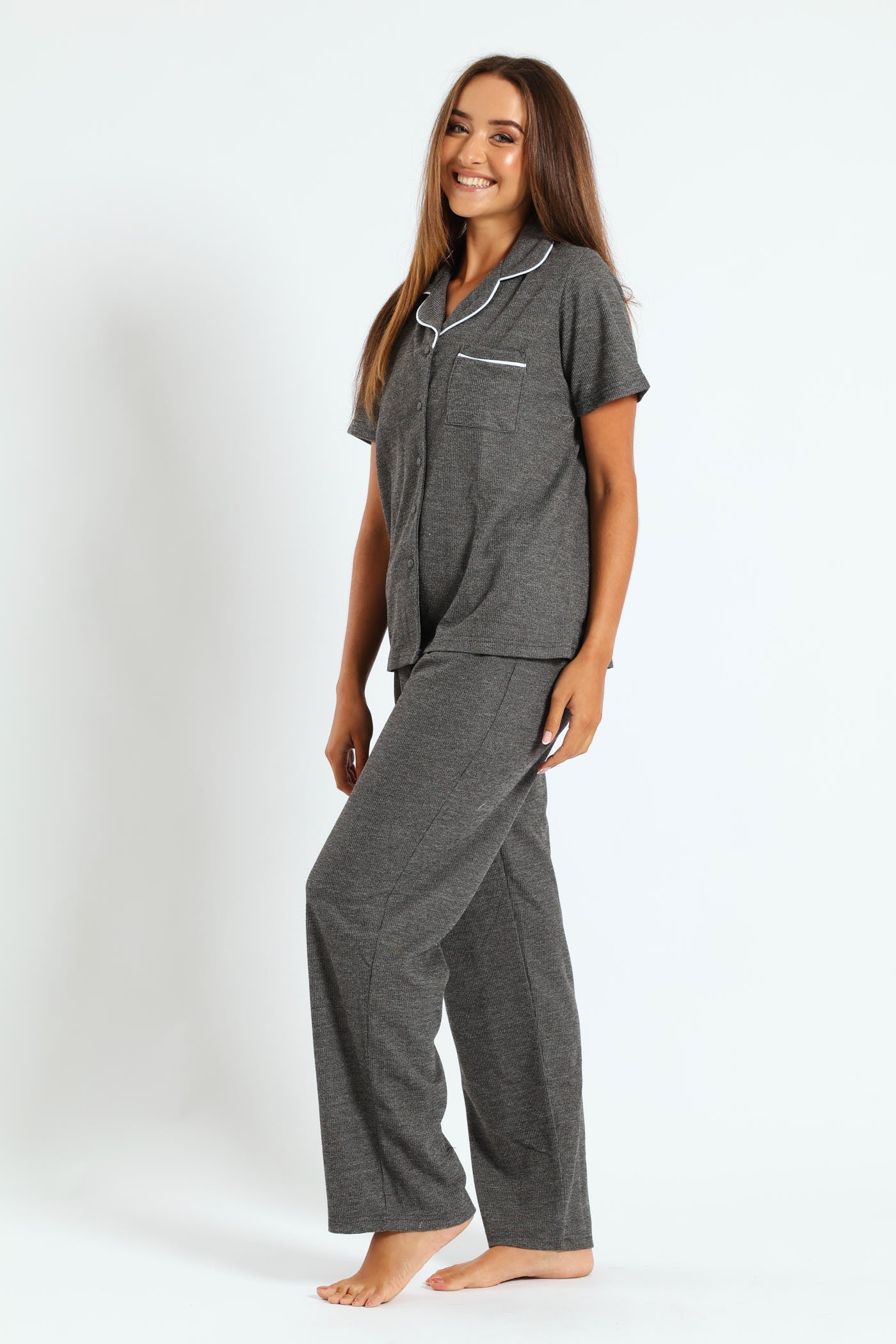 Button Through & Waffle Pant Set - Charcoal - Image 3