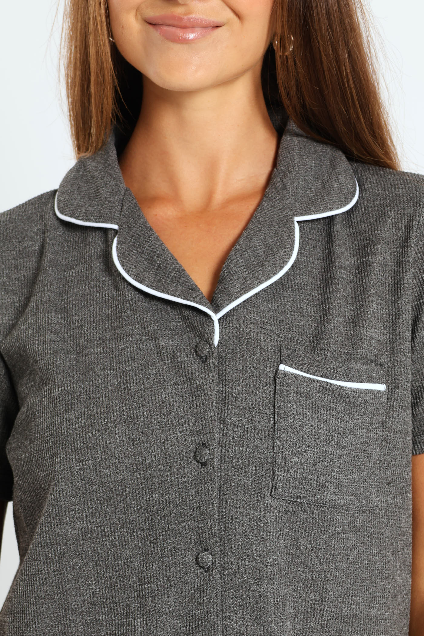 Button Through & Waffle Pant Set - Charcoal - Image 4