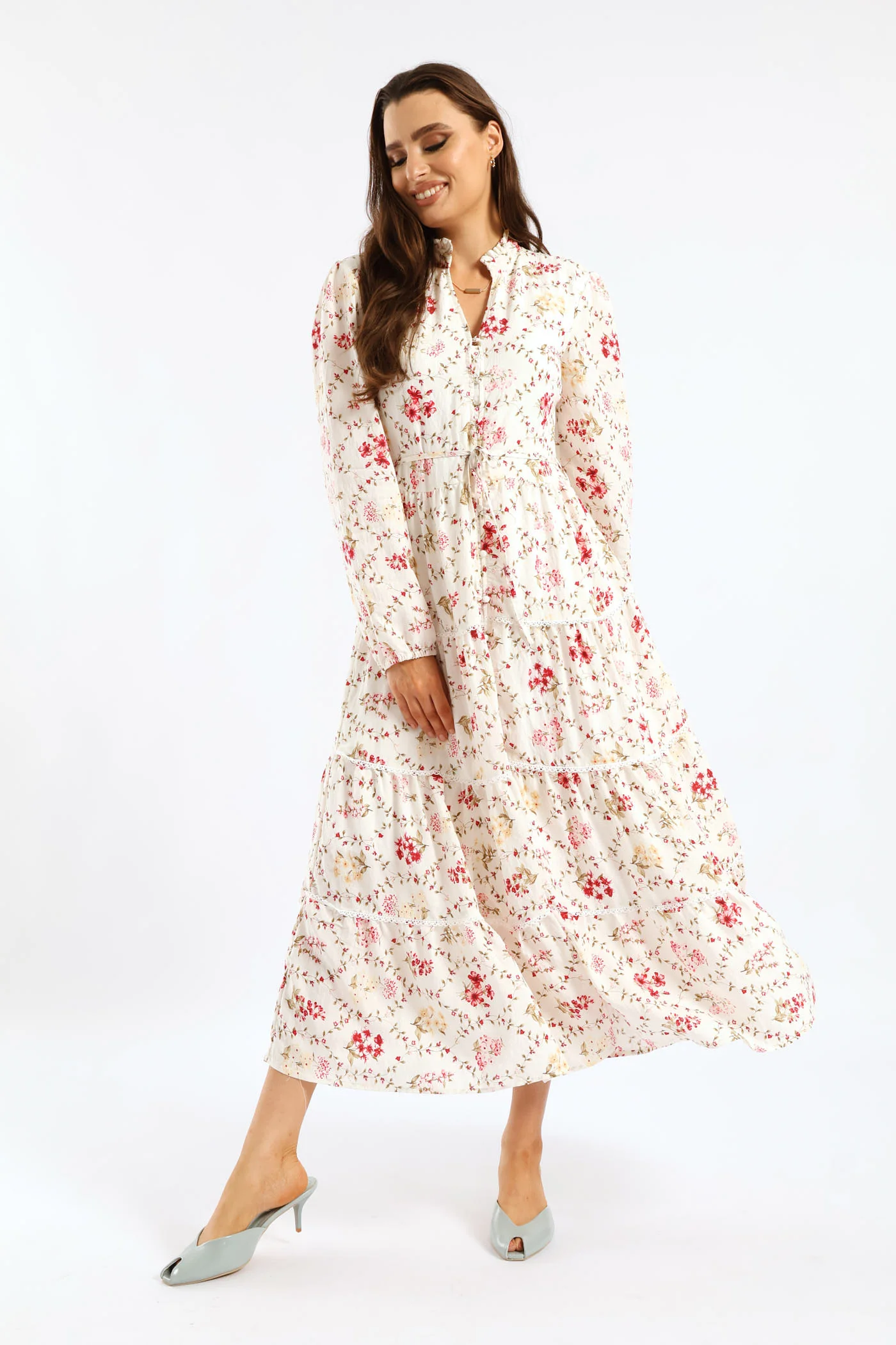 Button Through Belted Floral Maxi Dress - Cream - Image 3