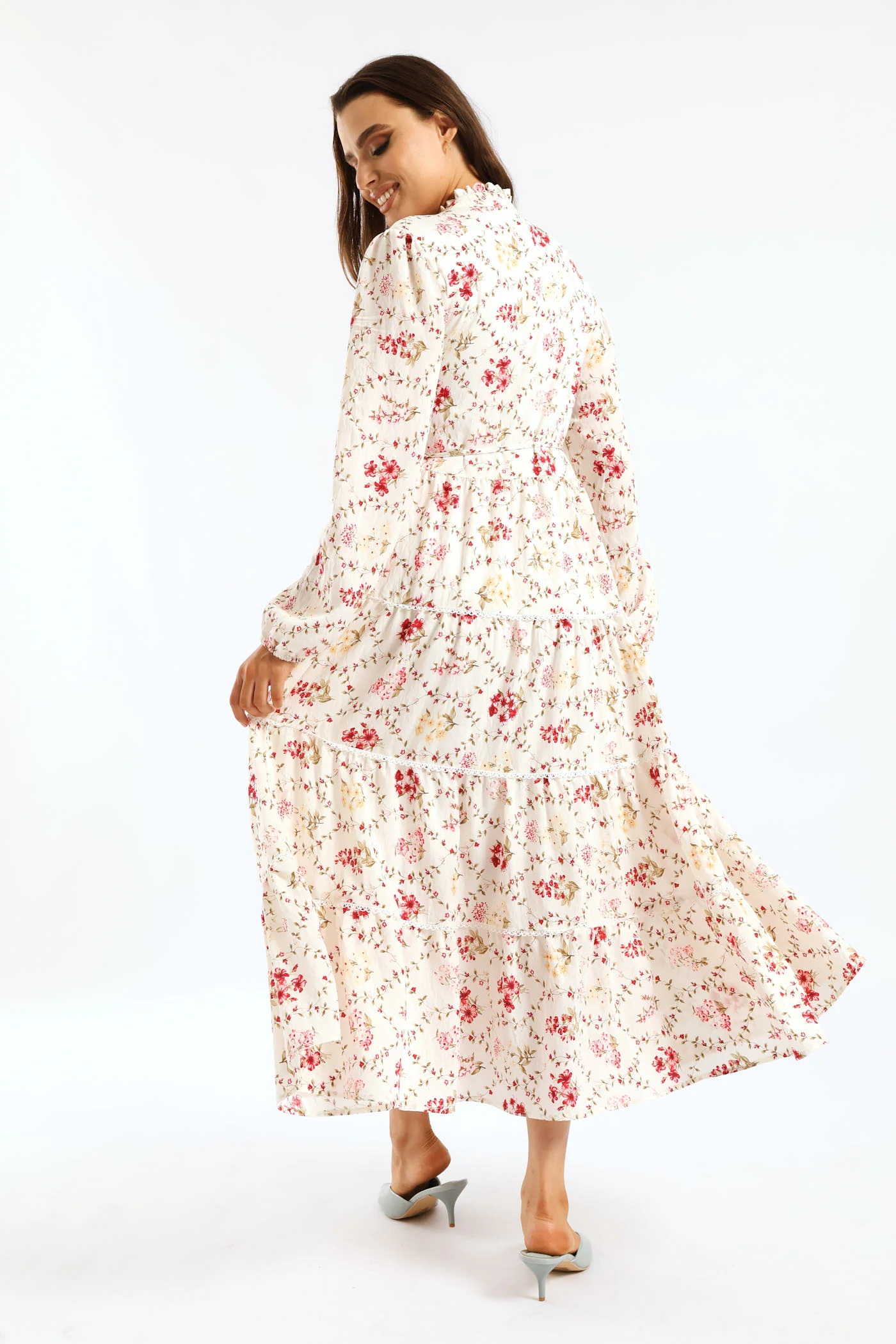 Button Through Belted Floral Maxi Dress - Cream - Image 4