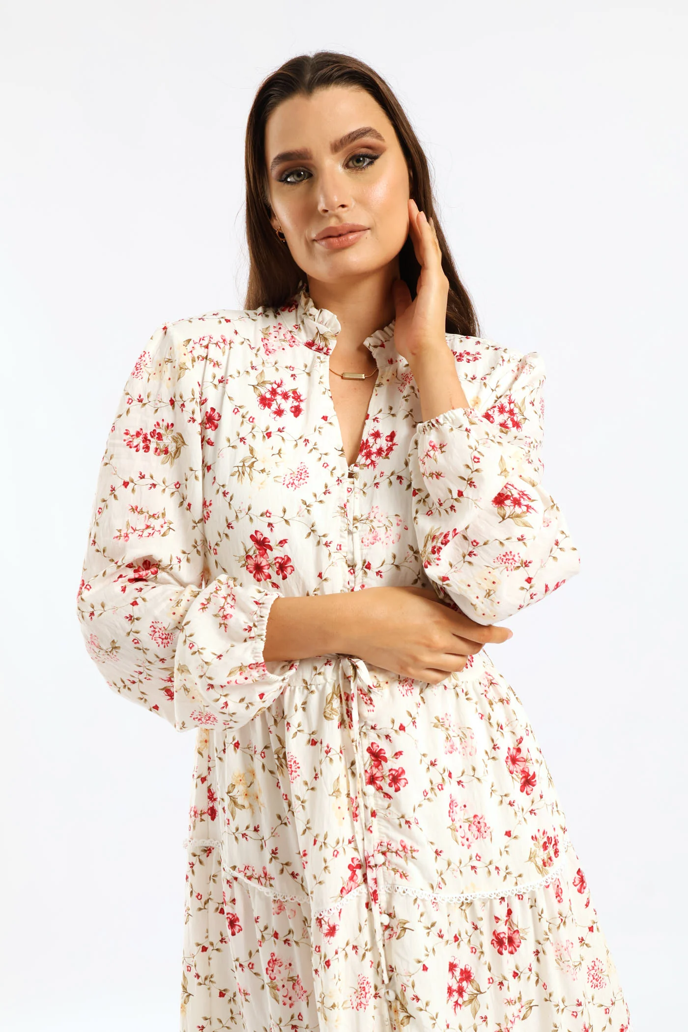 Button Through Belted Floral Maxi Dress - Cream - Image 5