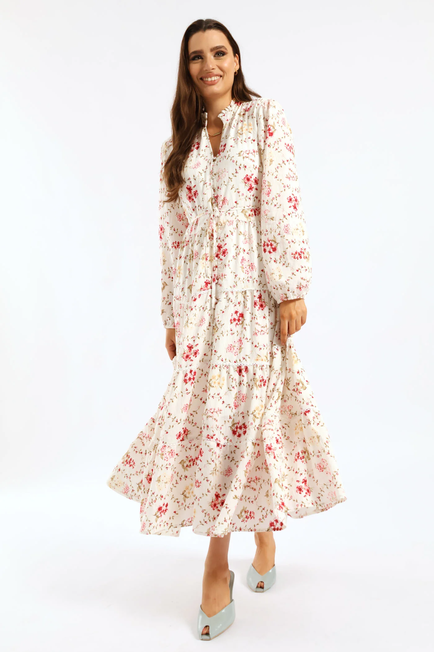 Button Through Belted Floral Maxi Dress - Cream - Image 6