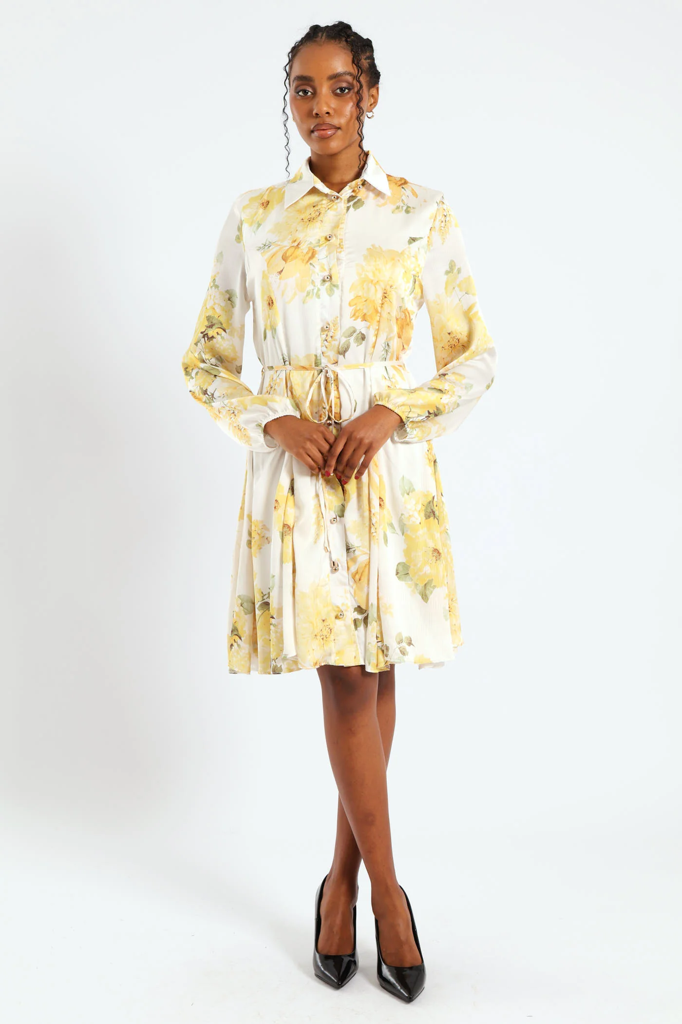 Button Through Belted Godet Tea Dress - Cream - Image 3