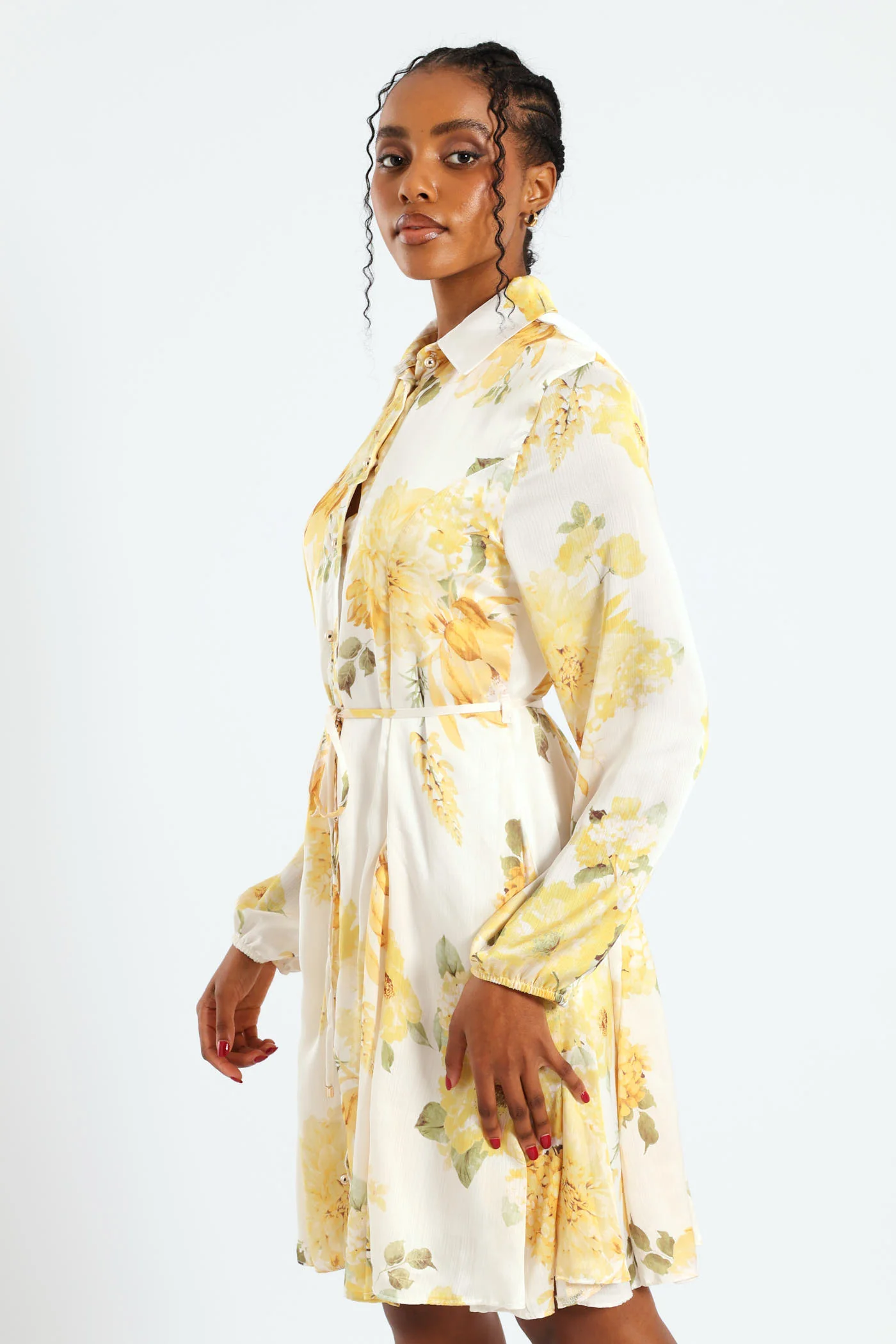 Button Through Belted Godet Tea Dress - Cream - Image 4