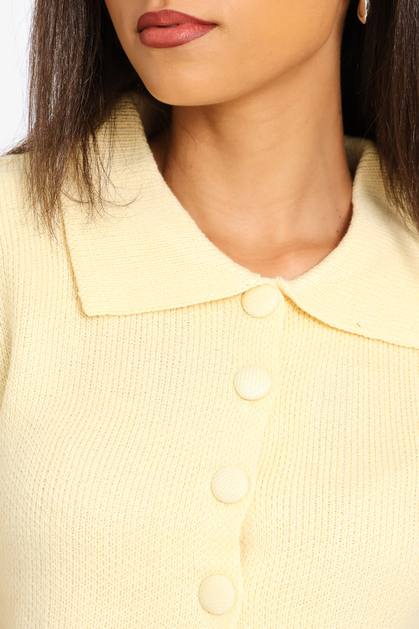 Button Through Collar Peplum Knit Top - Light Yellow - Image 2