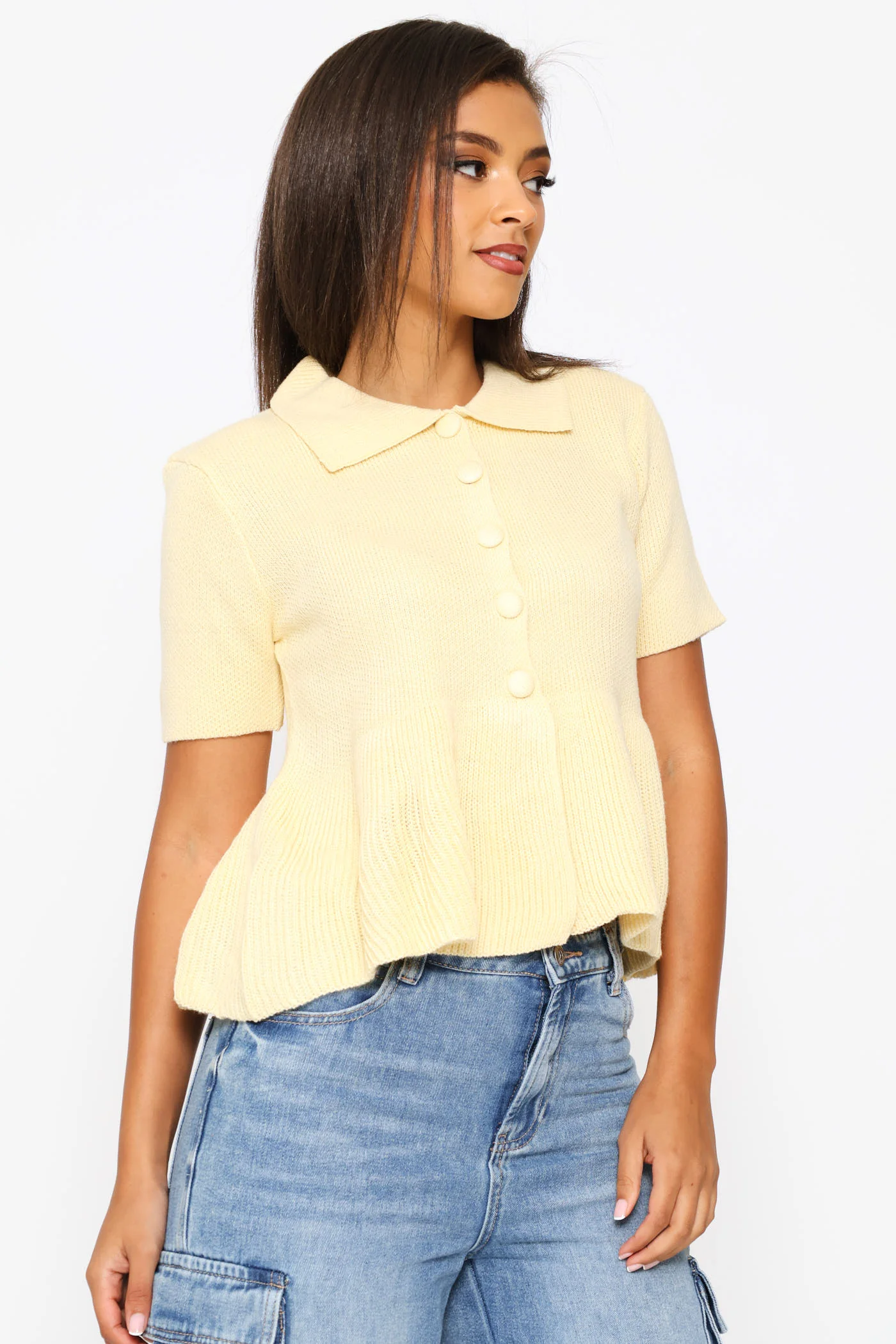 Button Through Collar Peplum Knit Top - Light Yellow - Image 3
