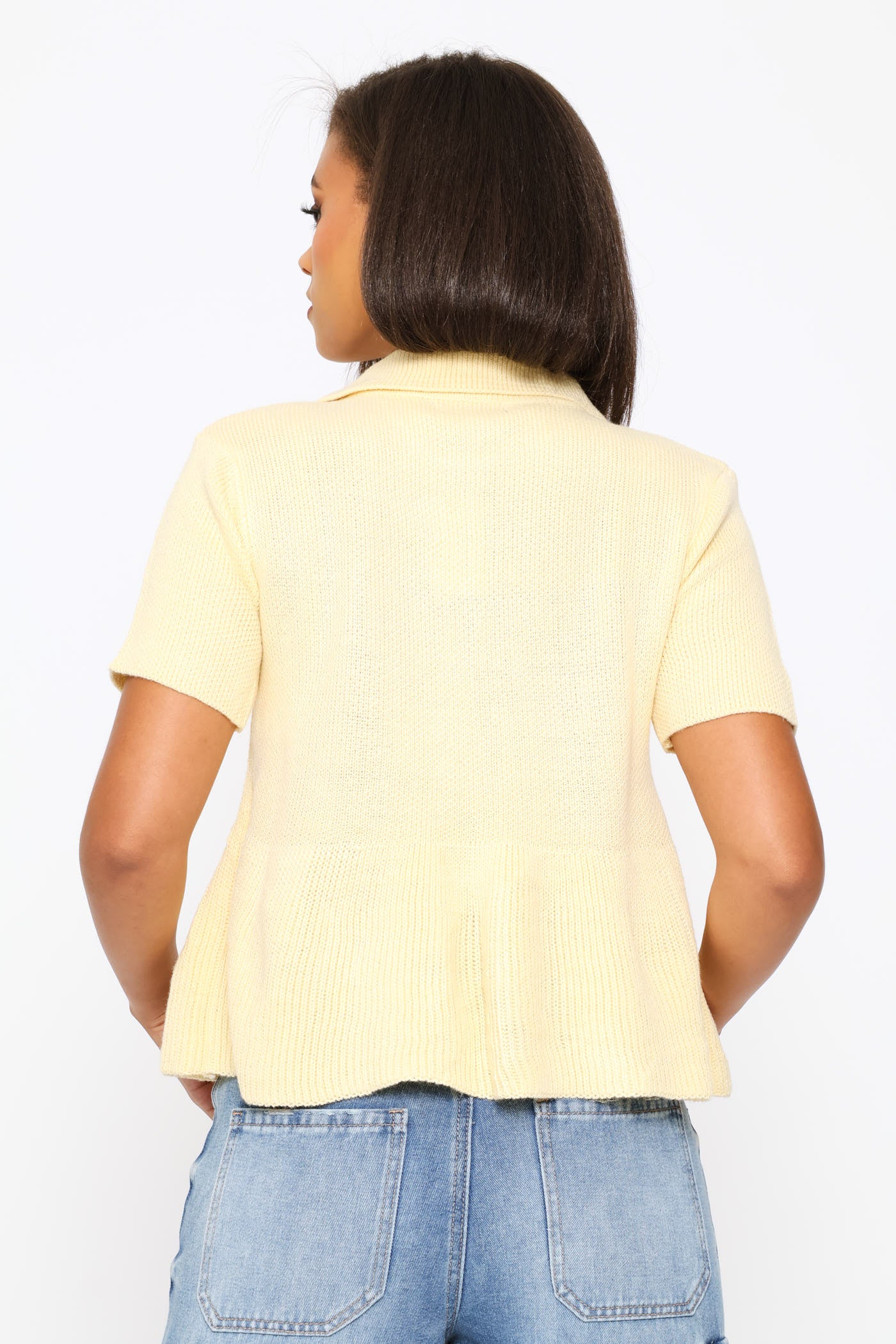 Button Through Collar Peplum Knit Top - Light Yellow - Image 4