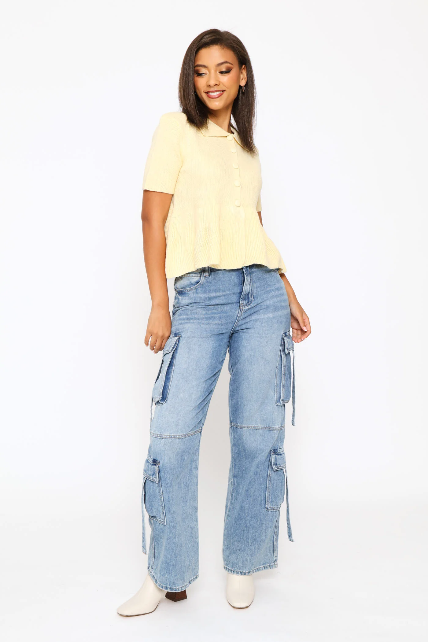Button Through Collar Peplum Knit Top - Light Yellow - Image 5