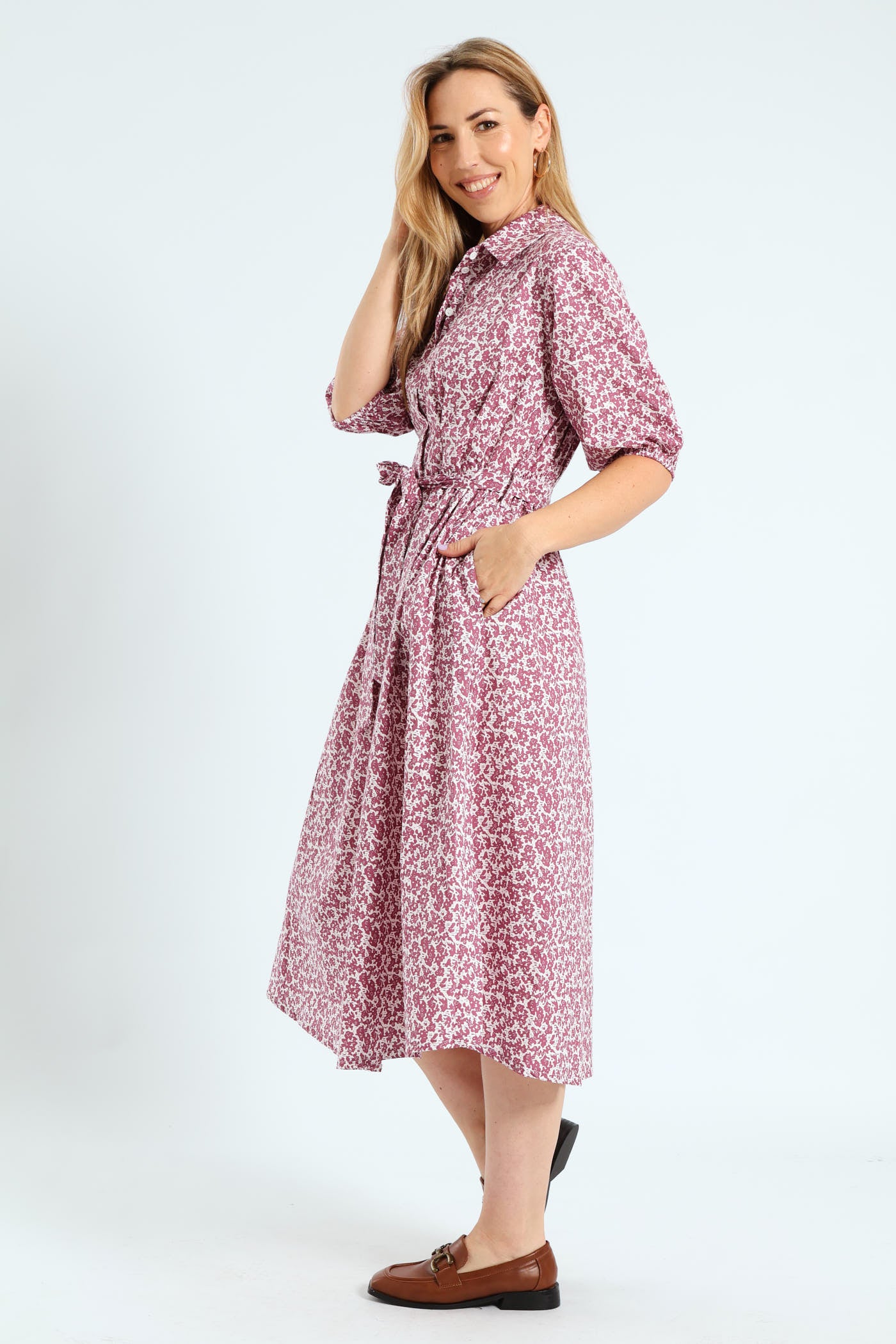 Button Through Collared Belted Midi Dress - Lilac - Image 4
