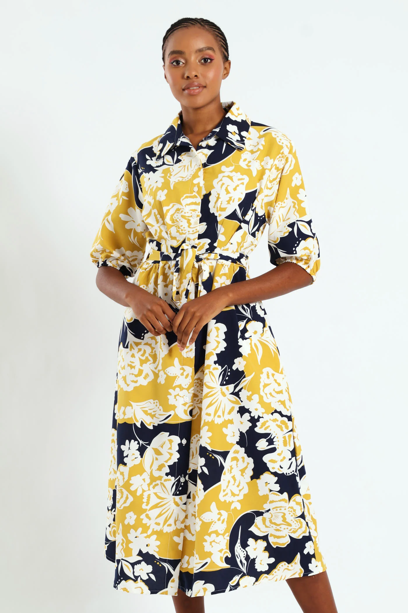 Button Through Collared Belted Midi Dress - Multi - Image 2