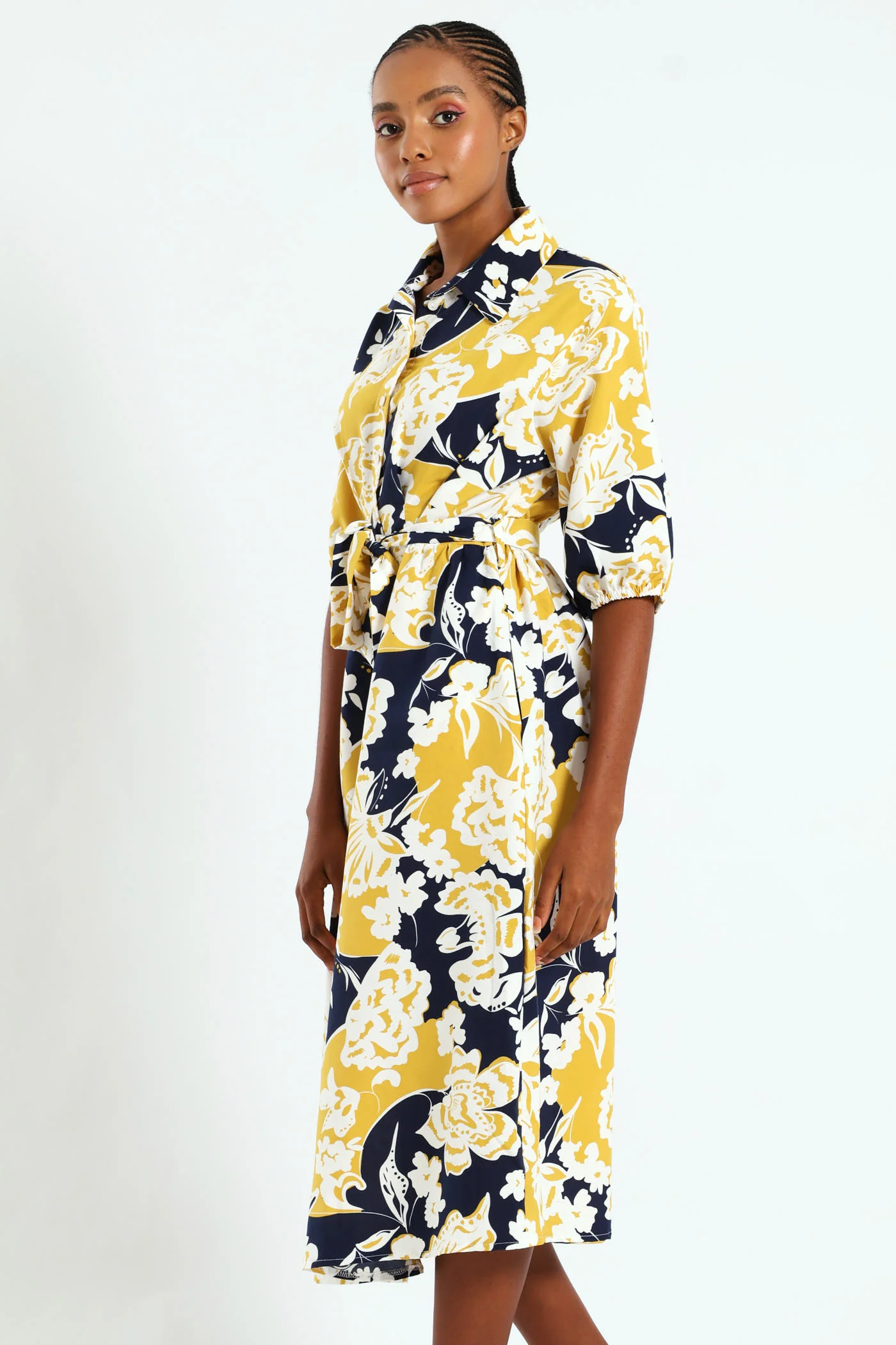 Button Through Collared Belted Midi Dress - Multi - Image 3