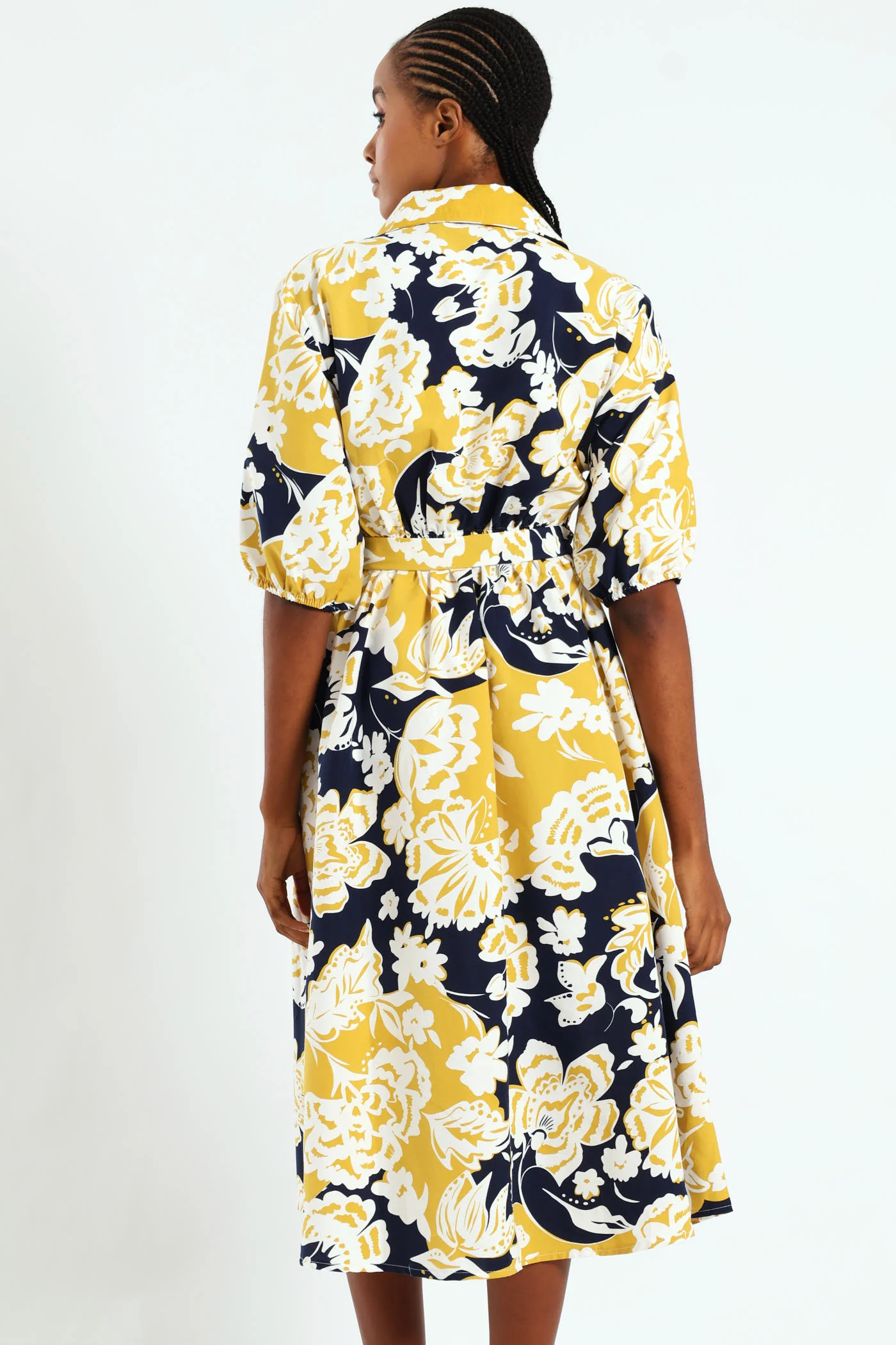 Button Through Collared Belted Midi Dress - Multi - Image 4