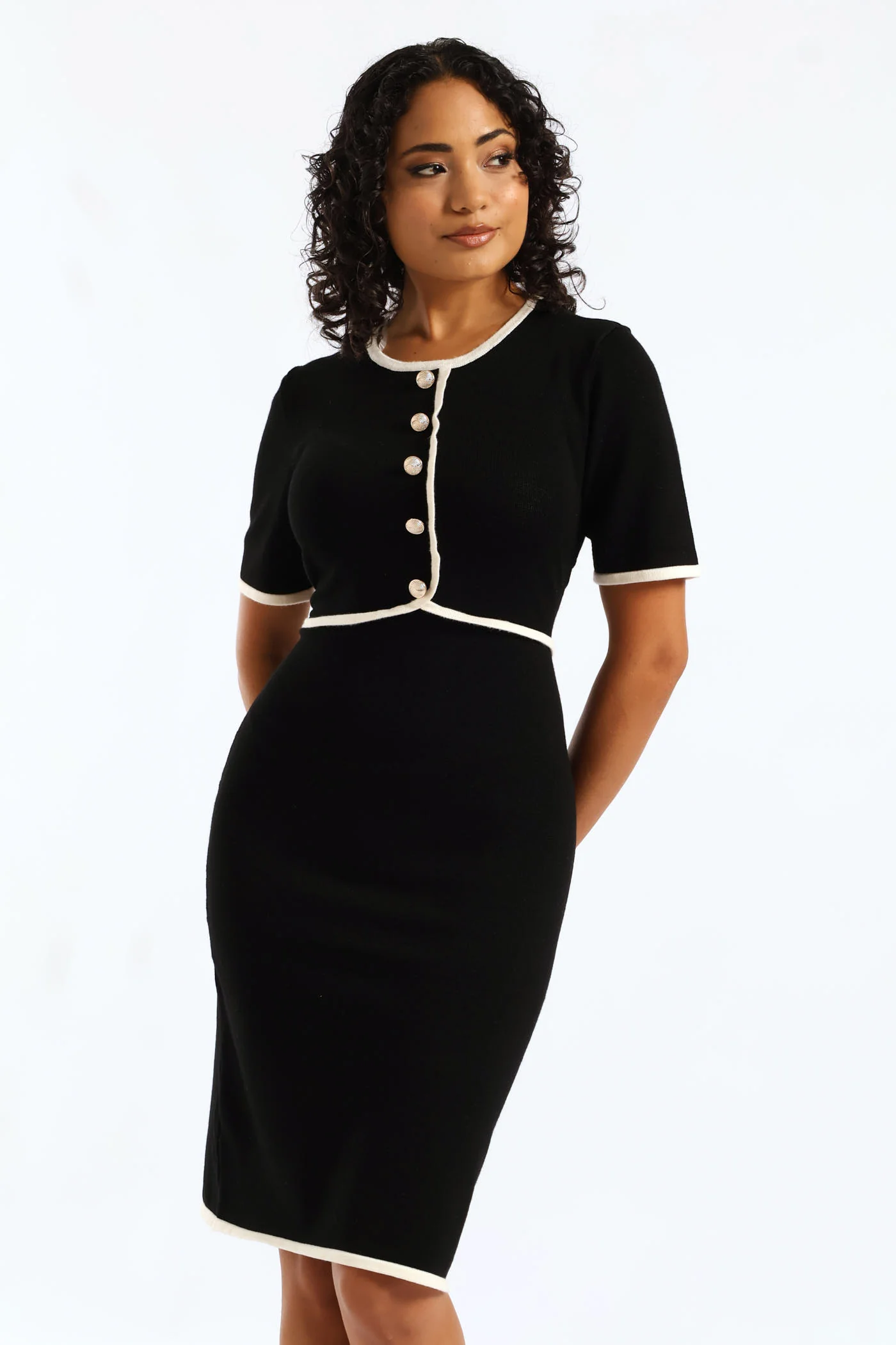 Button Through Contrast Hem Knitwear Dress - Black/Cream - Image 2
