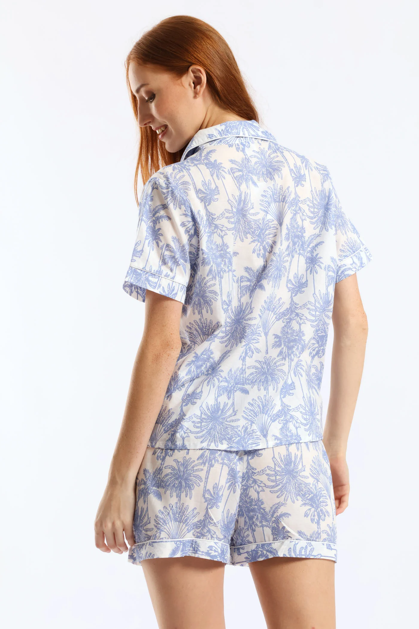 Button Through Cotton Palms Short Set - White/Blue - Image 2