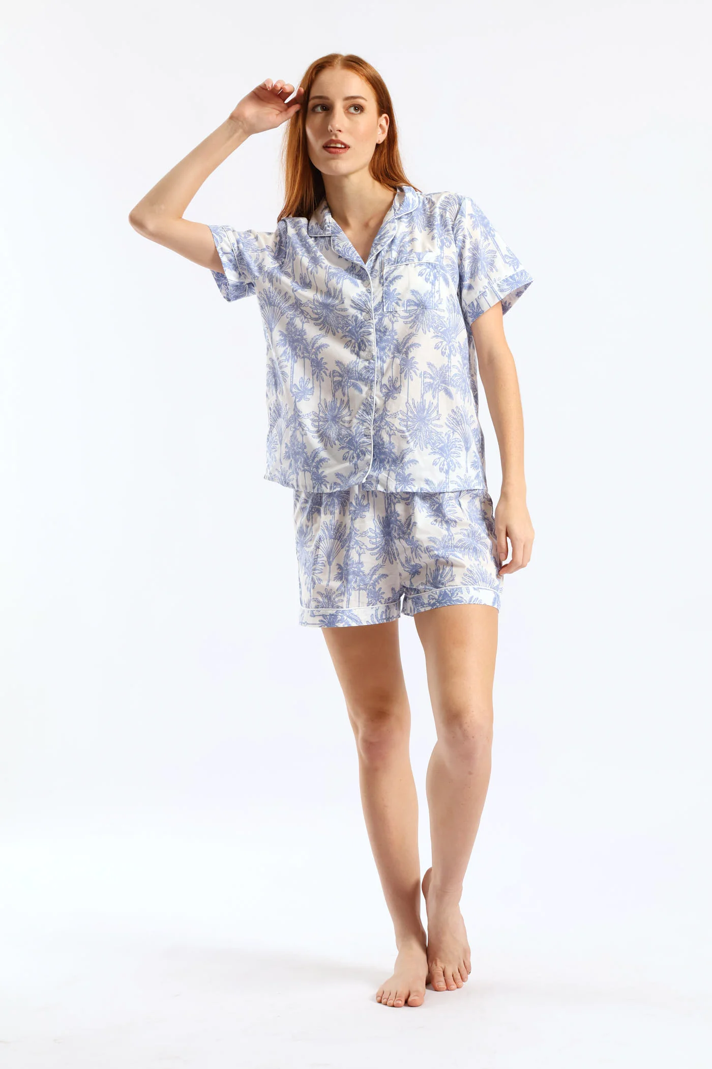 Button Through Cotton Palms Short Set - White/Blue - Image 3